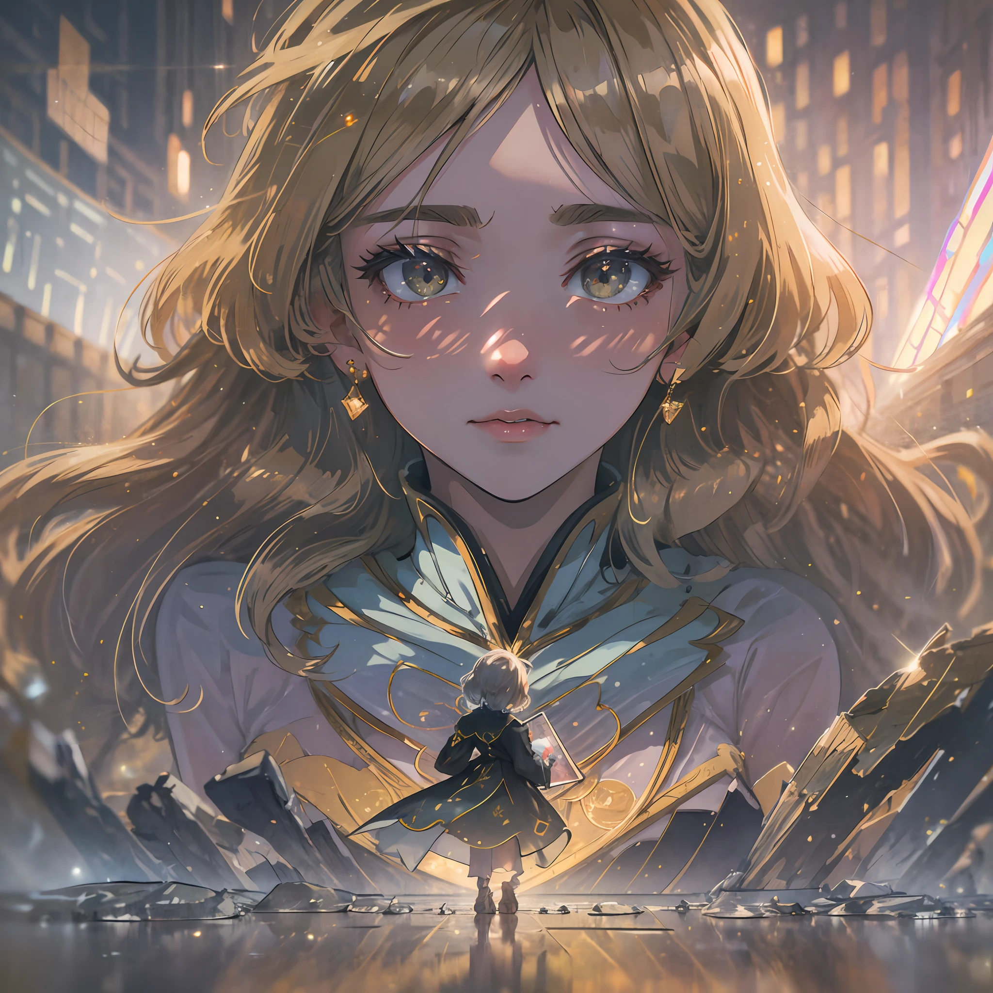 (award winning 8k concept art:1.3) of (young woman looking up standing on the hill:1.2), close to camera, sweet, front, epic, god rays, (masterpiece:1.4), (best quality:1.4), Amazing, beautiful, finely detailed, warm soft color grading, (Depth of field:1.4), 64k, fine art, stunning, (light reflections:1.2), (crisp:1.6), gold short curls, vibrant, (edge detection:1.4), absurdres, impressive, 120mm, clear, lens flare, symmetrical clothes, wide shot, wide angle