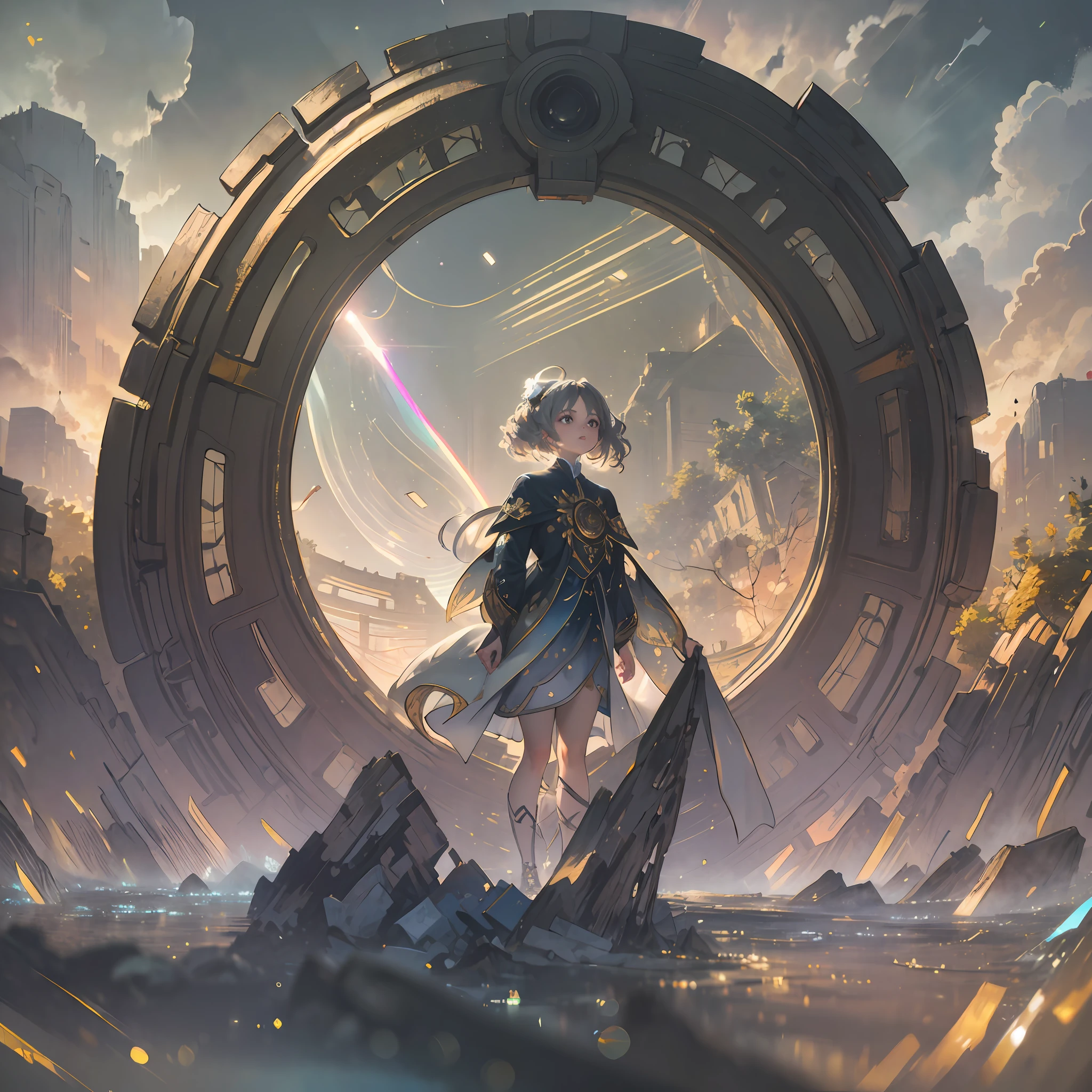 (award winning 8k concept art:1.3) of (young woman looking up standing on the hill:1.2), close to camera, sweet, front, epic, god rays, (masterpiece:1.4), (best quality:1.4), Amazing, beautiful, finely detailed, warm soft color grading, (Depth of field:1.4), 64k, fine art, stunning, (light reflections:1.2), (crisp:1.6), gold short curls, vibrant, (edge detection:1.4), absurdres, impressive, 120mm, clear, lens flare, symmetrical clothes, wide shot, wide angle