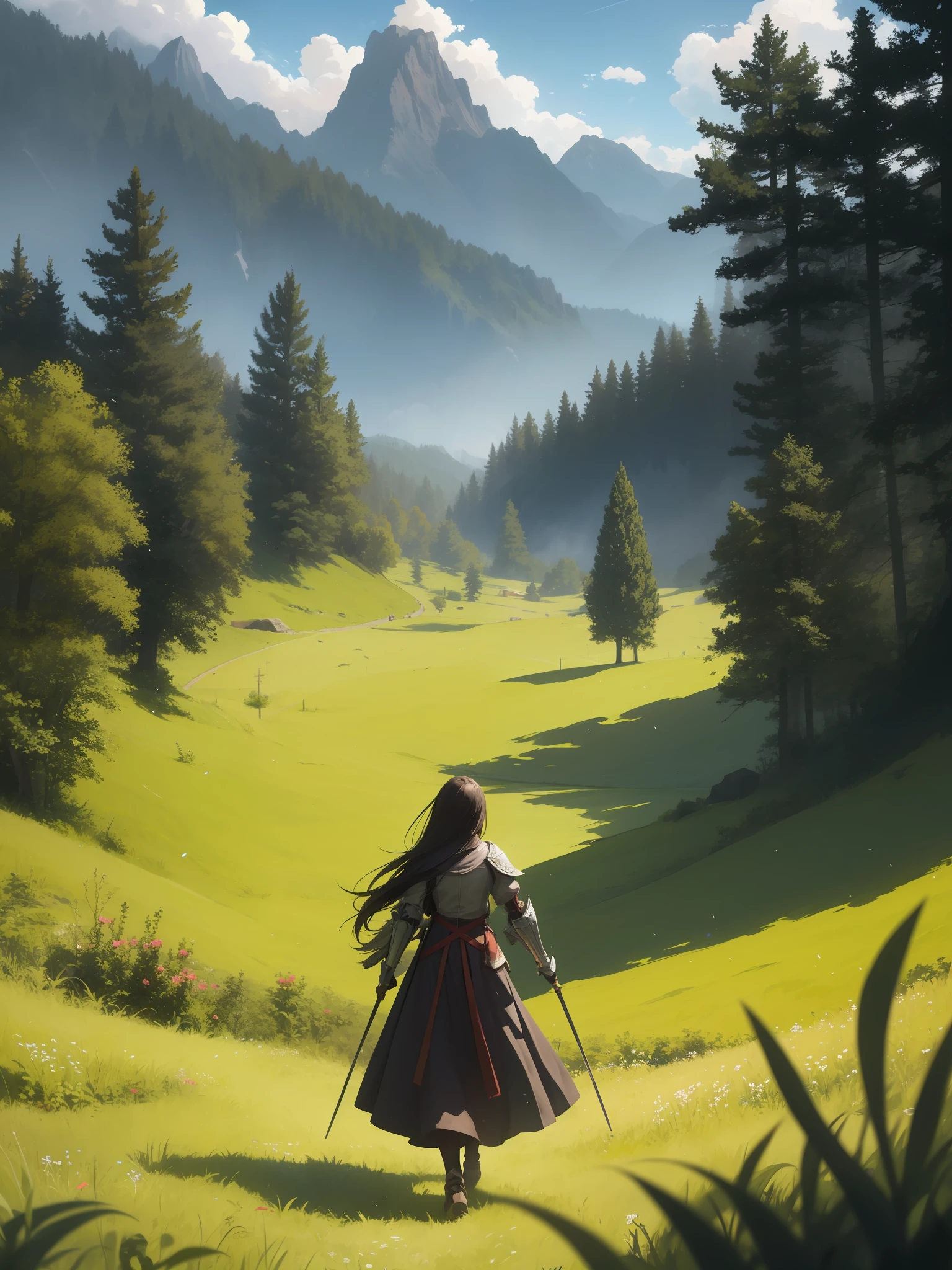 In a green meadow stands a girl leading a group of knights.
BREAK
With a brave expression, she guides them towards their destination.
BREAK
Behind her, a green forest stretches out and beyond that, mountains rise in the distance.
BREAK
The most suitable effect for this scene would be a watercolor painting technique to capture the softness of the meadow and the fluidity of the movement.