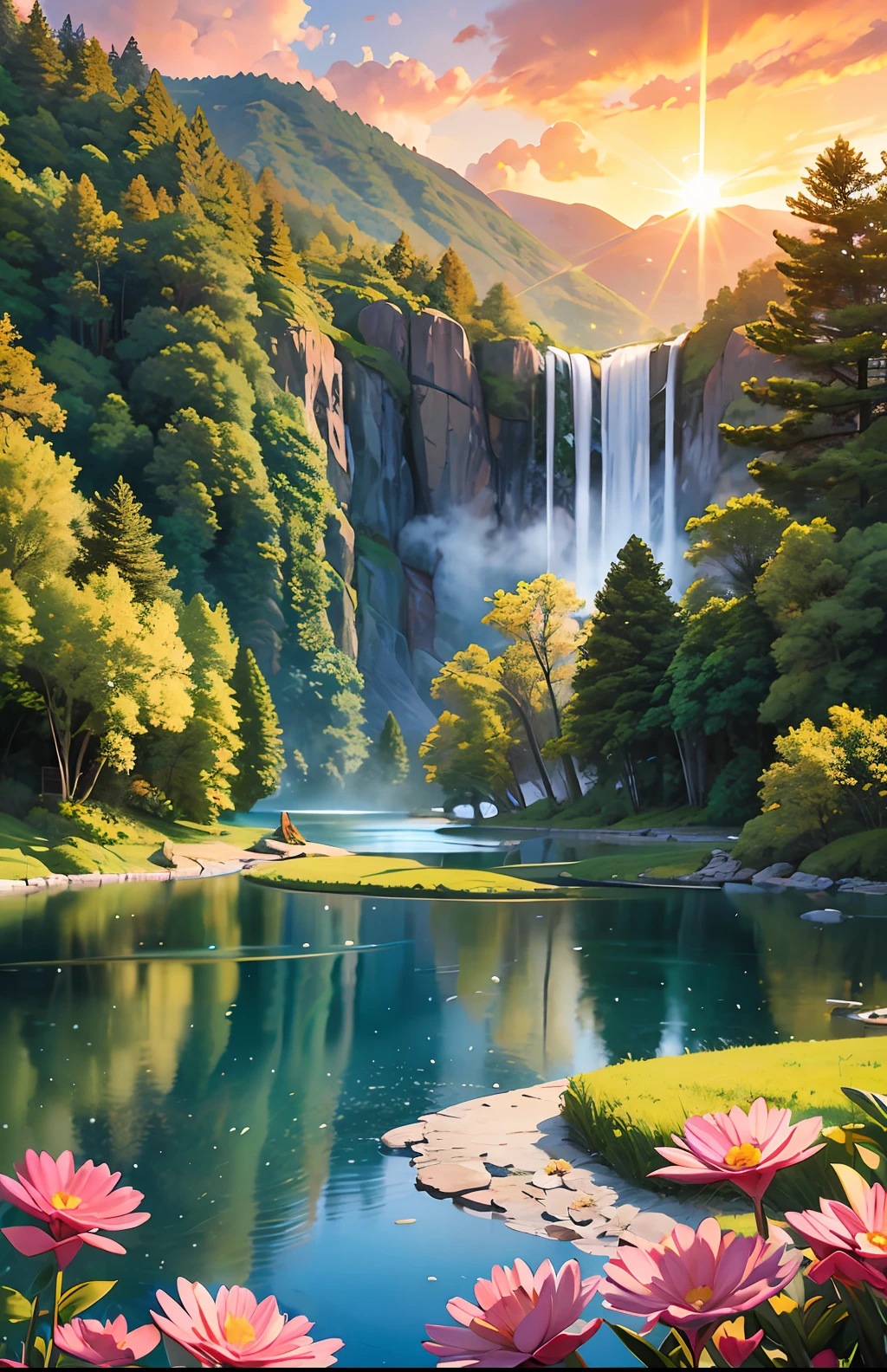 Landscape masterpiece, stunning nature, magnificent sunset in the style of wlop and alena aeinami, ultra-detailed digital painting, lake with sparkling waterfalls, colorful flowers delicately painted.