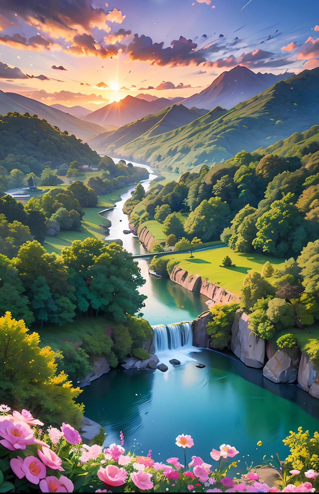 Landscape masterpiece, stunning nature, magnificent sunset in the style of wlop and alena aeinami, ultra-detailed digital painting, lake with sparkling waterfalls, colorful flowers delicately painted.