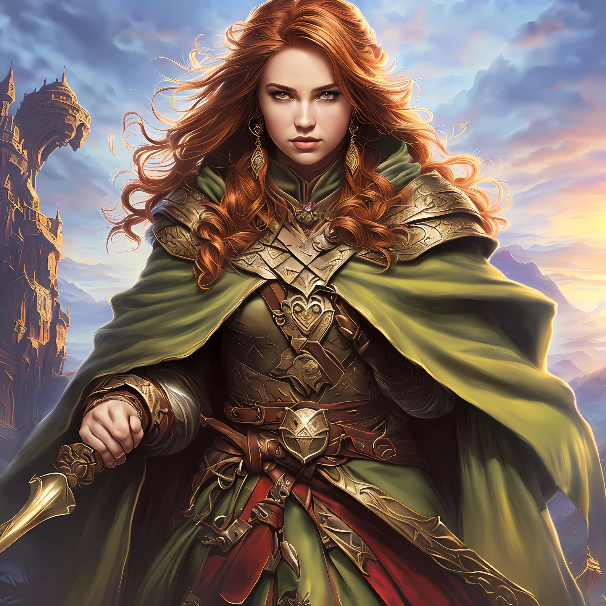 arafed, fantasy world, dnd art female, dwarf, (Masterpiece 1.5, intense details), red haired, green eyes, slightly pointed ears, braided hair, (Masterpiece, intense details), cleric, templar, casting a spell (Masterpiece, intense details dnd art), wearing white heavy armor with sigils (Masterpiece, intense details). Carrying a flaming axe (Masterpiece 1.5, intense details),Wearing a blue cloak with sigils (Masterpiece 1.4, intense details), holy symbol, radiant yellow light,(Masterpiece, intense details) standing near fantasy setting temple at dawn, sun, backlight, (Masterpiece, intense details) glowing light, ray tracing, reflection light, silhouette, wide shot, panorama, Ultra-Wide Angle, award winning, best quality, HD, 4K, high details --auto