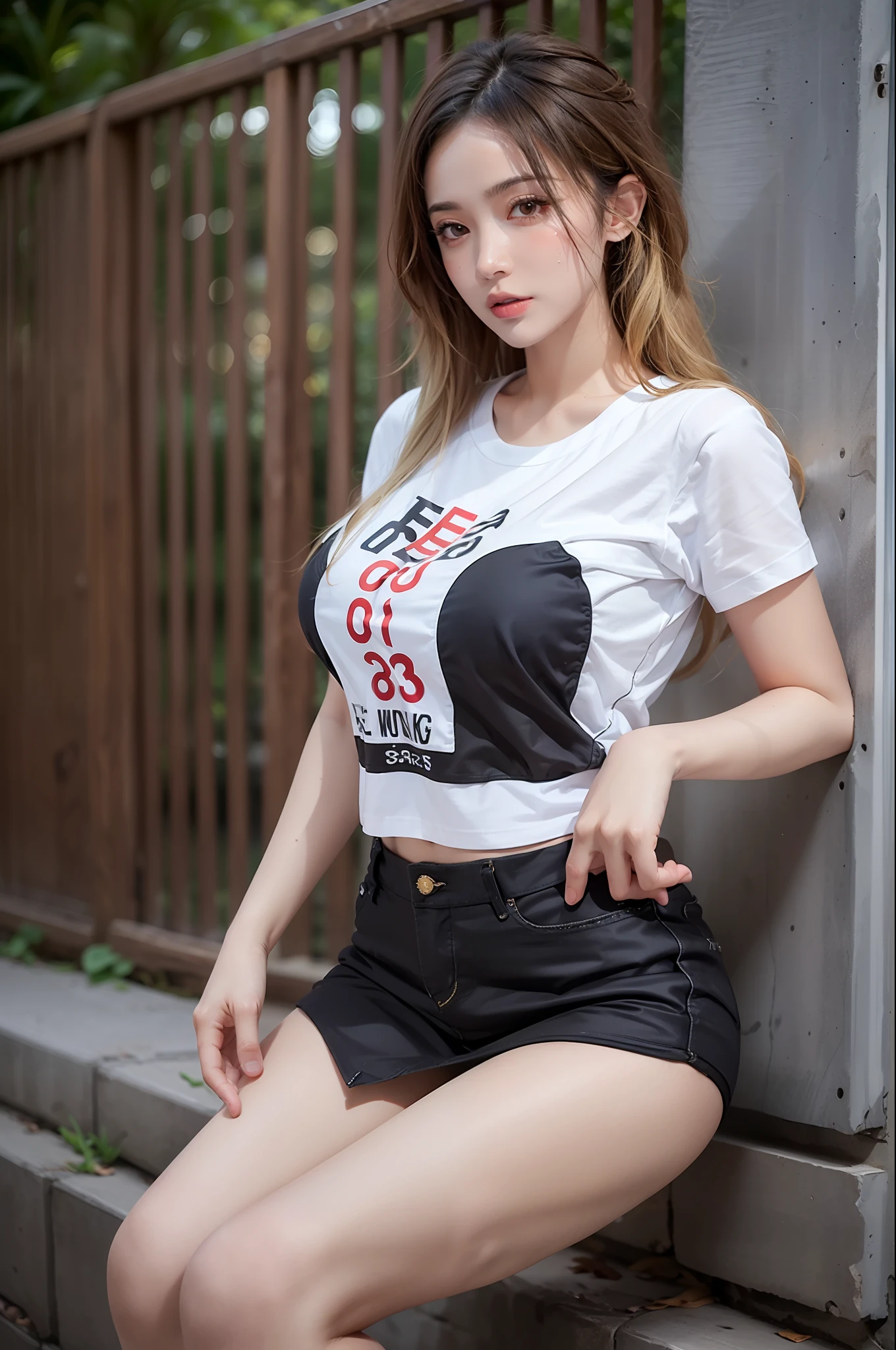 (1girl),large breasts,  breasts, tan, dewy skin, sweaty skin, wavy blonde hair, nylon tshirt, punk girl, dark hair, transparent