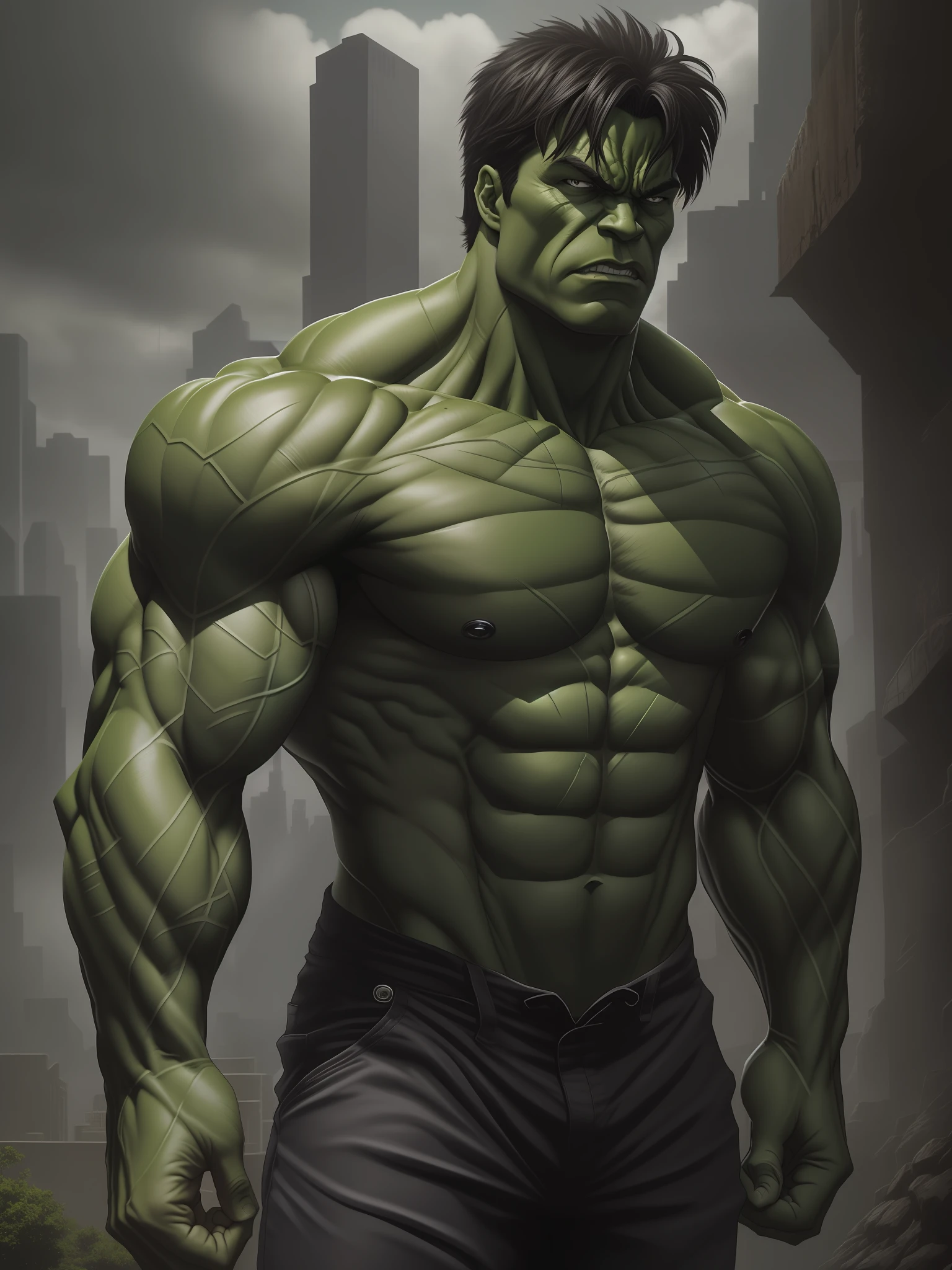 hulk in a city with a green face and a black shirt, hulk like physique, hulk body type, hulking, inspired by Ryan Barger, portrait of the hulk, hulk, muscular male hero, hulkish, son goku as the incredible hulk, the hulk, incredible hulk, musclebound and hulking, muscular!! sci-fi, muscular character