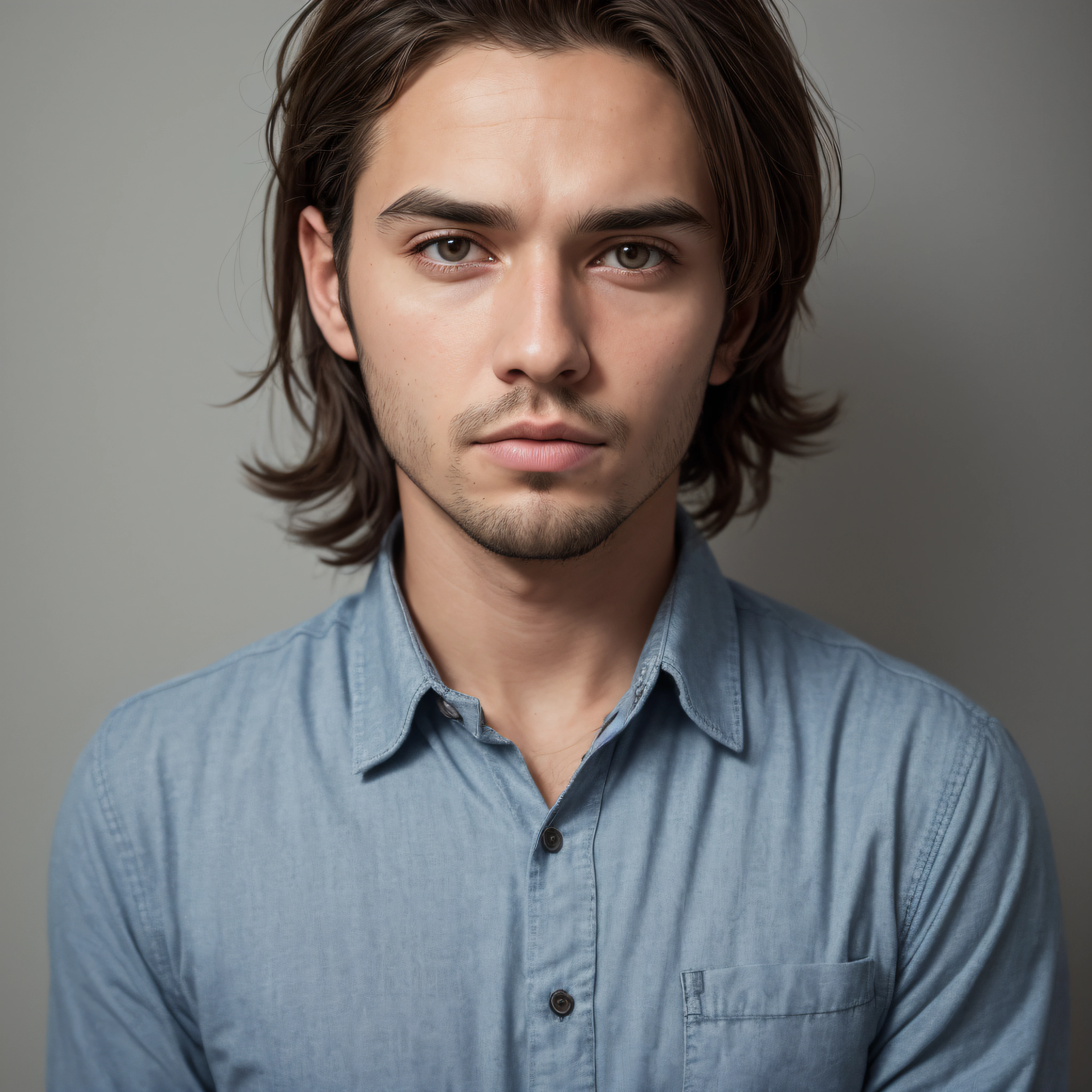 Raw, photo, closeup portrait of a 30 years old man, brown hair, wearing blue cotton outfir, standing on a grey wall, full sharp, detailed face, (haigh detailed skin:1.2) 8k uhd, dslr, soft lighting, high quality, film gram, Fujifilm XT3