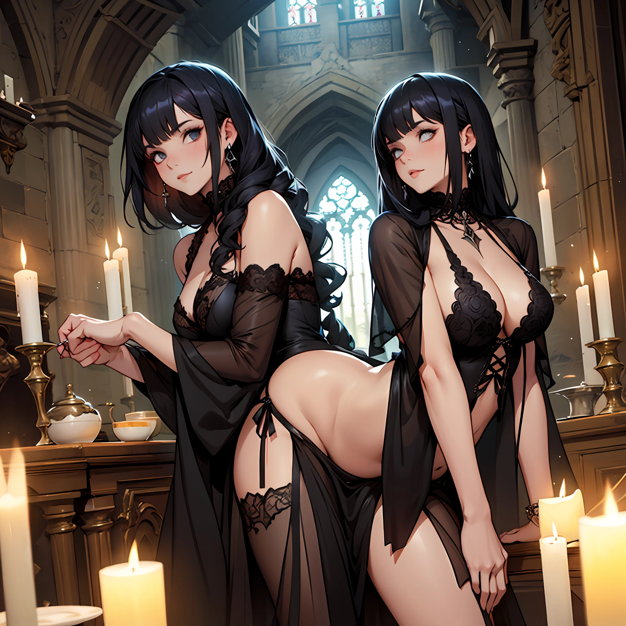 1Gothic girl with gothic clothes hair with bangs ,sexy,caveiras e velas acesas em volta e no fundo --auto