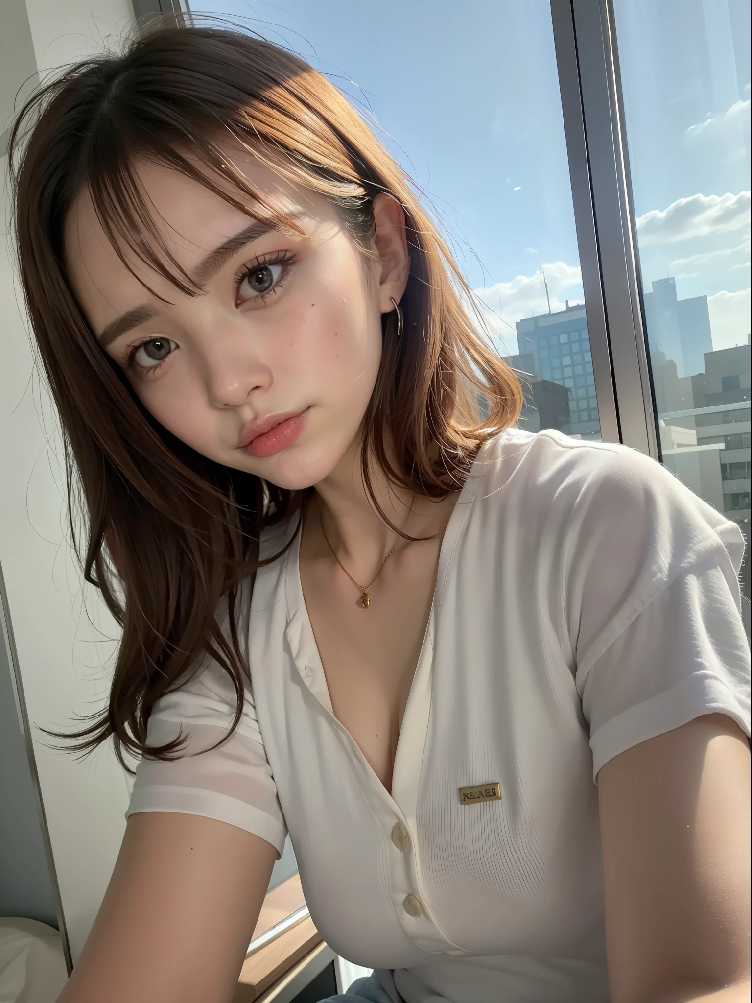 ((top quality, 8k, masterpiece: 1.3, raw photo)), Sharp Focus: 1.2, (1 aespa girl: 1.2), (Realistic, Photorealistic: 1.37), (face focus: 1.1), cute face, small breasts, flat chest, short messy hair, (white shirt: 1.1), panties, sitting by the office room, spread legs, sunlight, movie lighting