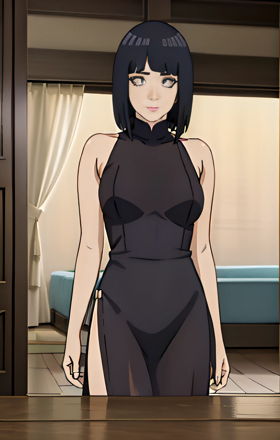 obra-prima, melhor qualidade, mulher, (((de baixo))), (pose sedutora), olhando para o espectador, pisando no espectador louca, solo, 1girl, hinata, dress black, piscada sedutora, quadris largos, bunda, bunda grande, olhar para o espectador de cima, olhar dominante, olhar penetrante, erotic, mature
