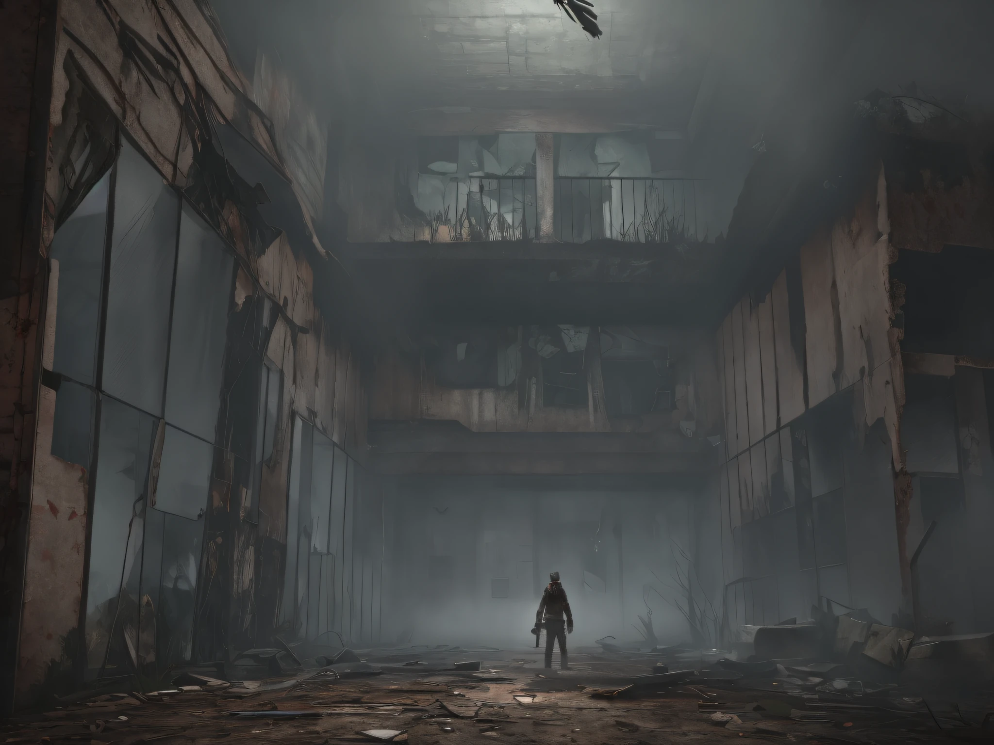 Horror, dilapidated buildings, Rusty Machines, boarded-up windows, a lot of zombies in the style of Silent Hill, high detial, daytime, mist, A lot of rust