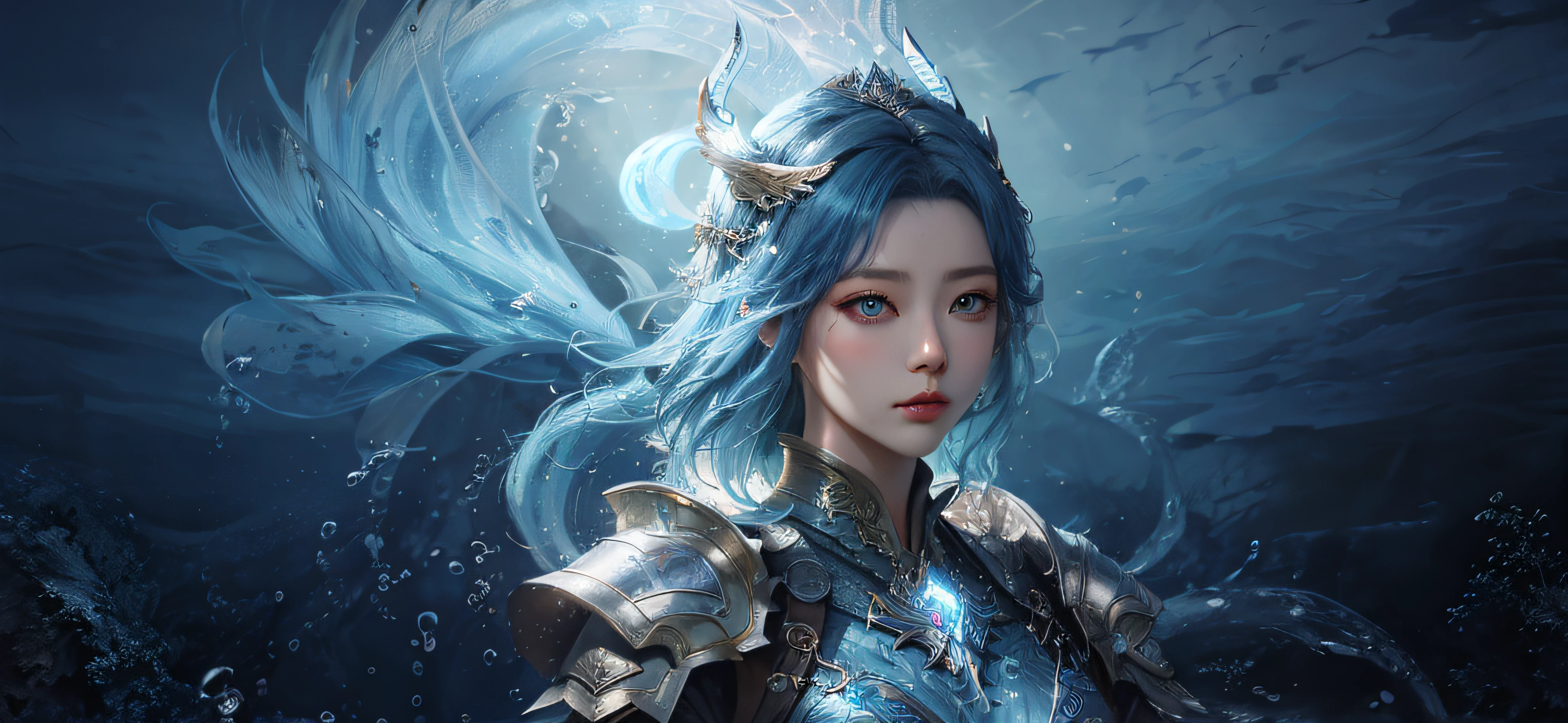 A girl with blue hair and armor on a dark blue background, Bright light blue pupils,queen of the sea mu yanling, by Yang J, G Liulian art style, portrait of mermaid warrior, Fantasy art style, closeup fantasy with water magic, drak, By Li Song, Fanart Meilleure ArtStation, Epic fantasy art style HD, mystical atlantean valkyrie