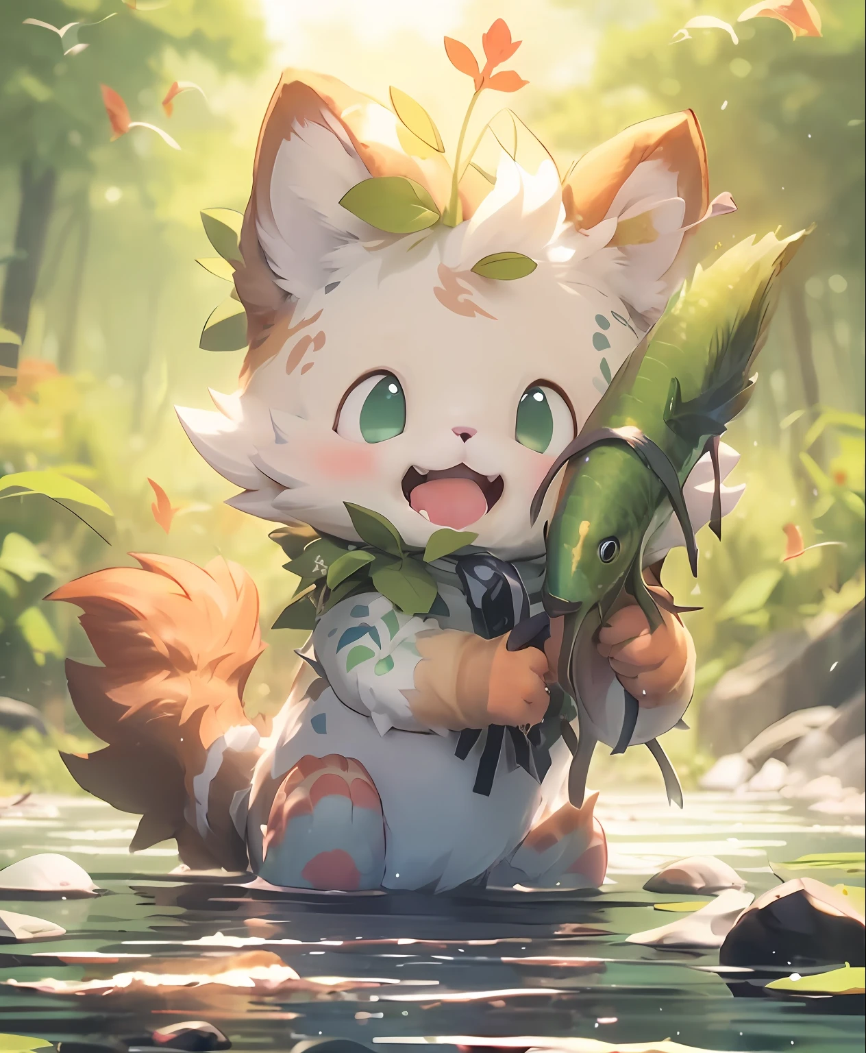 Anime cat with a fish in its mouth，A green fish in his mouth, cute detailed digital art, anime visual of a cute cat, cute digital painting, cute detailed artwork, fox from league of legends chibi, trending on artstation pixiv, cute forest creature, cute artwork, Teemo from League of Legends, adorable digital art, from league of legends --auto