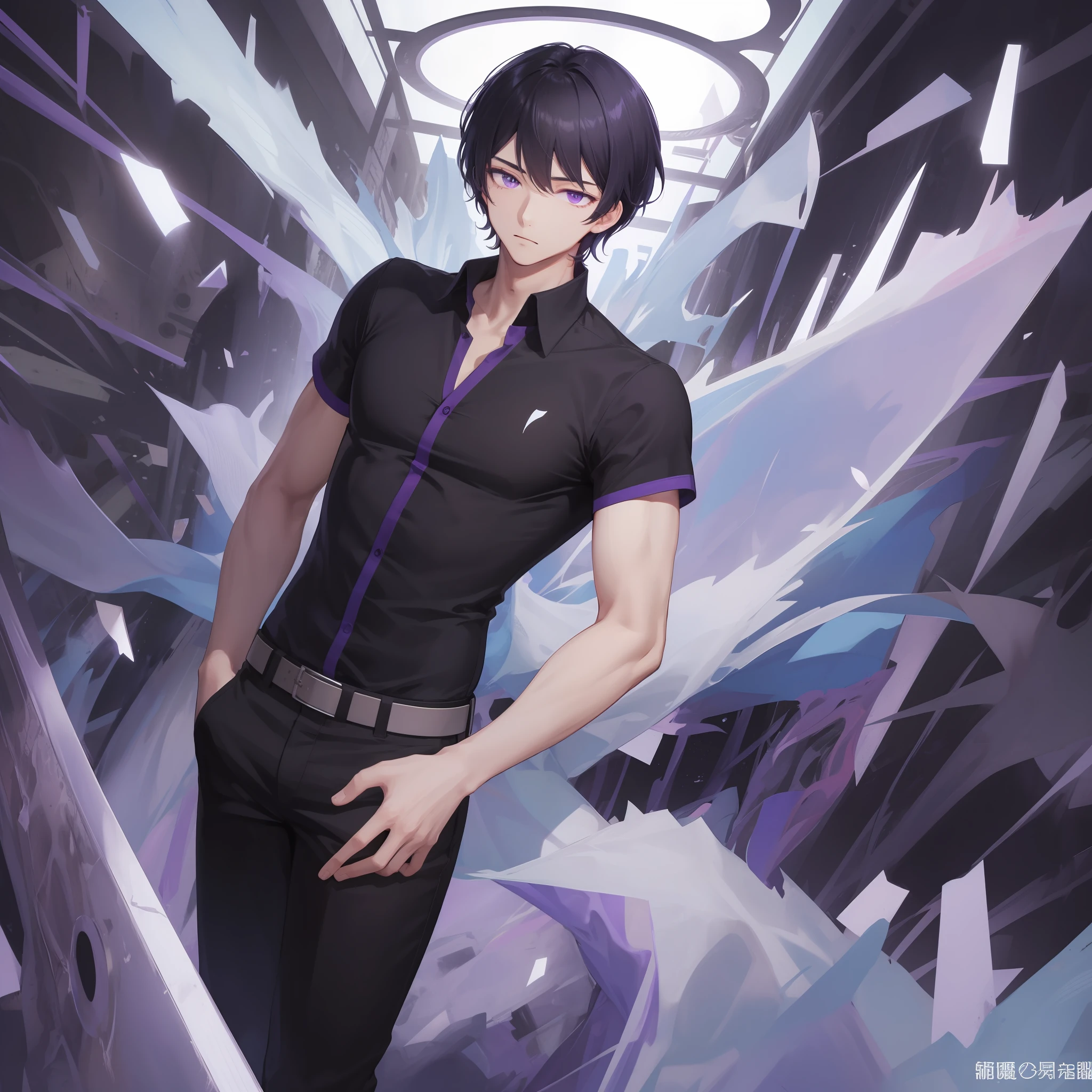 masterece-piece，Best image quality，Higher quality，(high detailes)，UltraHighResolution，8K分辨率，Boys and Men，solo person，short-length hair，Straight hair，Purple-black hair，apathetic，Camisa blanca，Purple eye，Haut du corps，Handsome，handsome husband，to stand