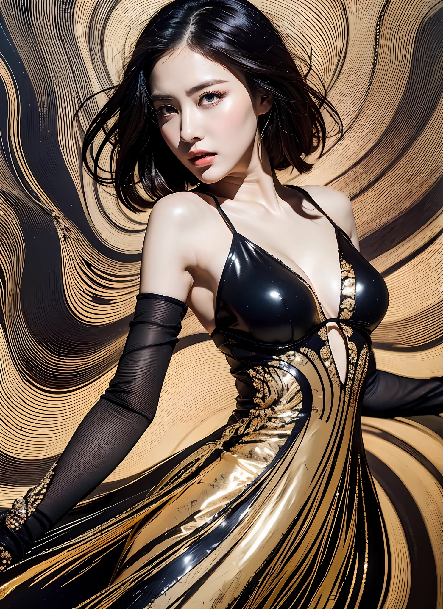 Produce high-quality images of women with vibrant colors and unique compositions. She is dressed in a sophisticated fashion style, and the background is a landscape with abstract and fantastic elements. Her poses are fluid and give a feel of natural movement. The effects of light and shadow are attractively expressed, and the faces and expressions that are carefully depicted in detail are rich in emotion. The overall atmosphere is contemporary, yet has its own artistic touch. This image will evoke visual stimulation and aesthetics, and will intrigue and surprise the viewer.