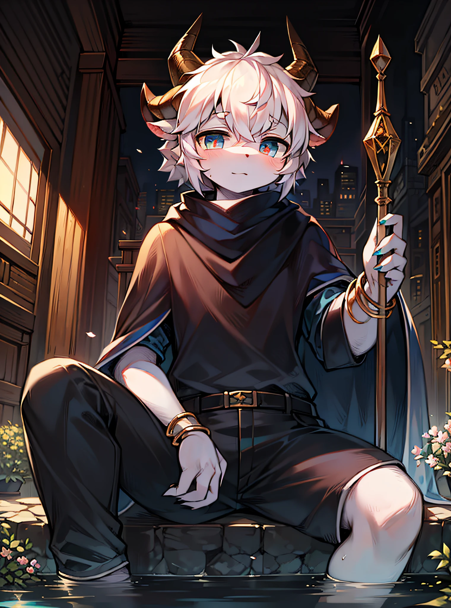 Masterpiece quality,Highest definition,Detailed textures,12K, Solo,Puppet Focus,Detailed characters,Soft light,big city,Oriental style,Water,Bonsai,vine,blossoms,Sheep boy,Shota,Beast type,Sheep's ears,Horned sheep,White fur,Short snow-white hair,Fine eyes,Blue transverse pupils,Huge horns,Blue and black scarf,Black and white cape,Broken gold prismatic forehead,Light blue shirt,Black gold pants,Anklets,Seated position,Staff