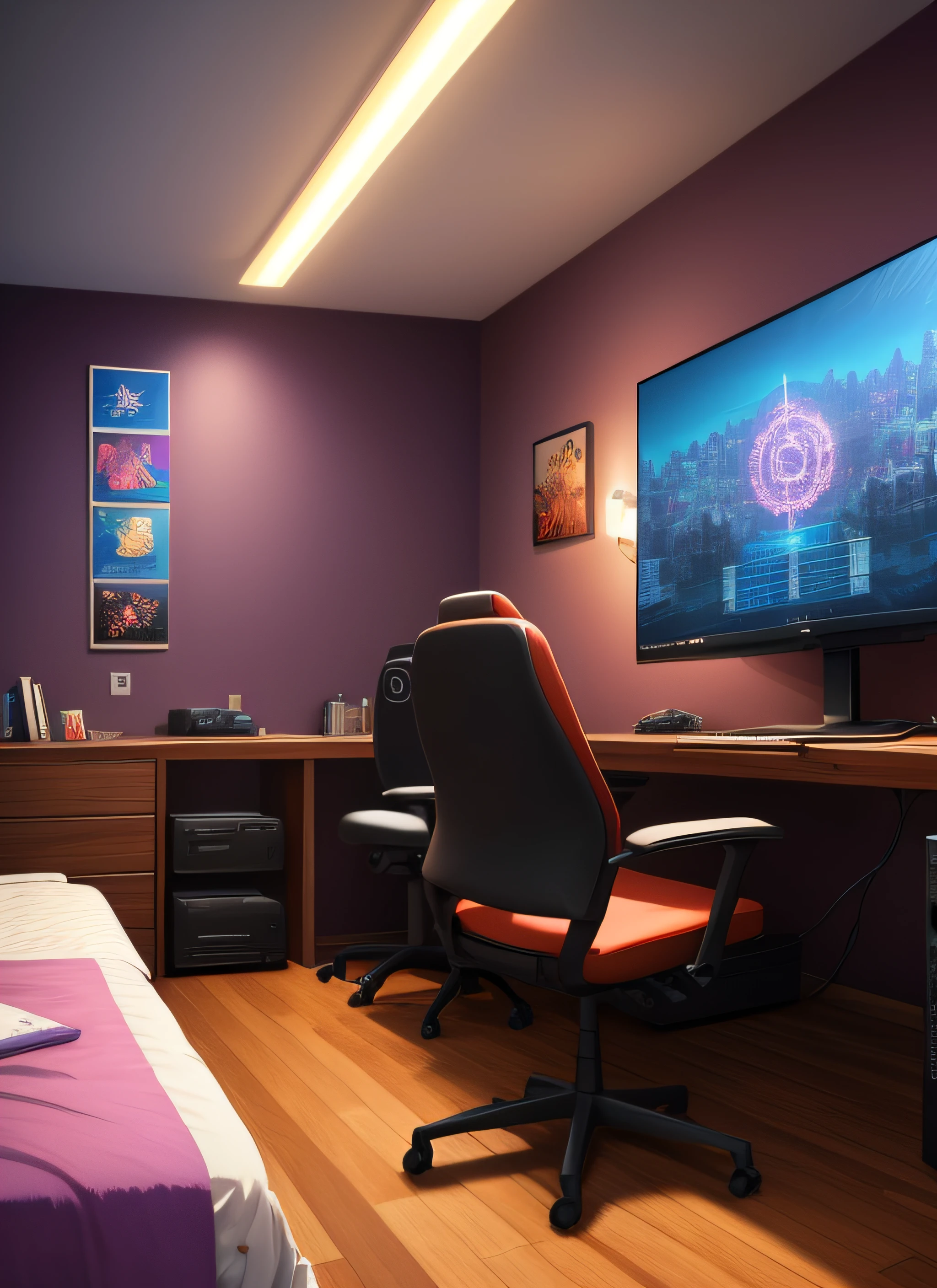 (masterpiece), (best illustration),(no humans), anime background, gaming bedroom, television with large computer, ring lighting , rim lighting,(extremely detailed CG unity 8k wallpaper),(masterpiece), (best quality), (vaporwave style), (ultra-detailed), (best illustration),(best shadow),perfect lighting , perfect anatomy , vivid colors,