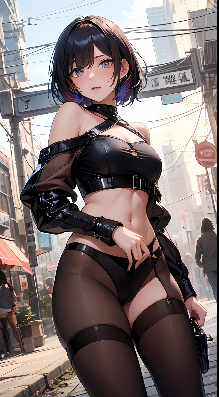 cyber punk City, (gradation hair, Dutch angle:1.3), film grains, Color Aberration, jiji, 巨作, Top  Quality, Raw foto, photorealestic, absurdist, 1girls, a Pretty, Near and far law, cow-boy shot, highly resolution, ultra detaild, Detailed eyes and face, Sharp pupils, Realistic pupils, sharp-focus, xia, night,Silver and black hair、short-hair、Giant tits、A sexy、bare shoulder、Mesh tiles、