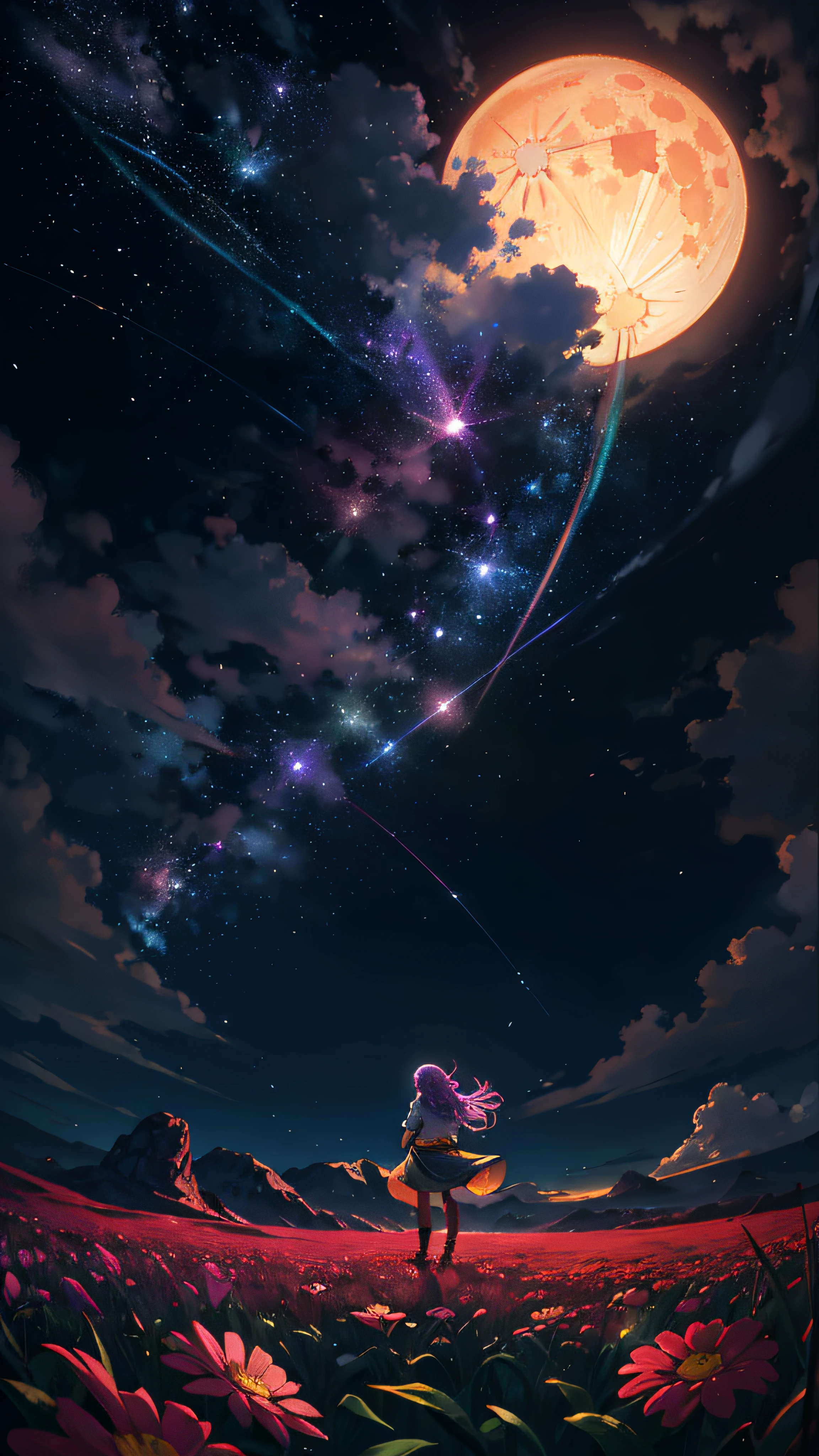 Octanes, The sky, Star (The sky), scenery, Milky Way, starlight skies, night, 1 girl, nightsky, 独奏, out door, signature, building, Cloud, comet, Milky Way, seat, tree, Long Hair, town, silhouette, Cityscape