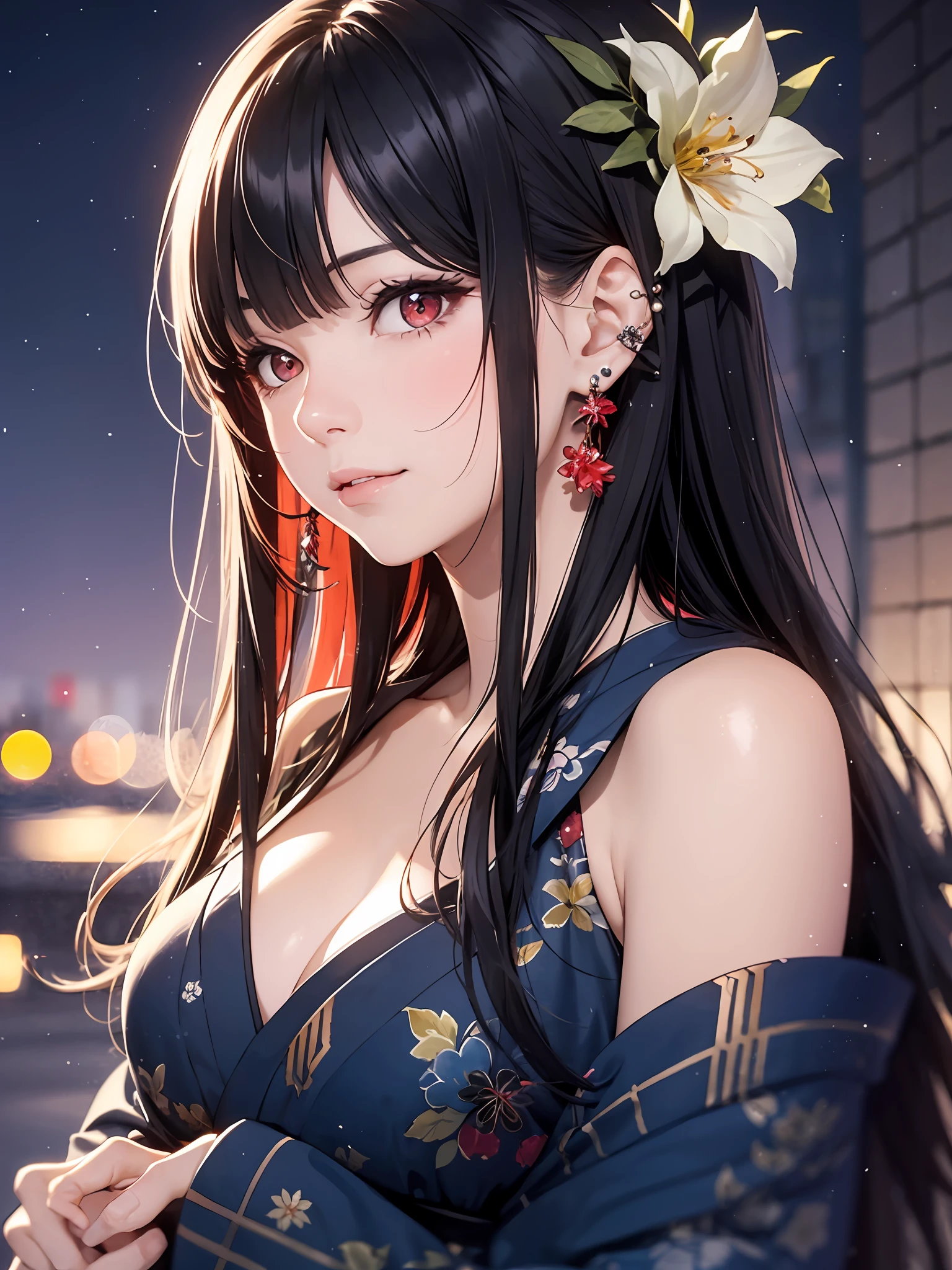 extremely detailed body,girl,woman,female,mature,30 years old,long hair,bangs,streaked hair,black hair,shiny hair,beautiful detailed cold face,cold smile,bright pupils,bare_shoulders,medium_breasts,(red eyes),hair_flower, kimono,Lots of piercings, night, beautiful detailed sky, cold light, bokeh,Watercolor Techniques