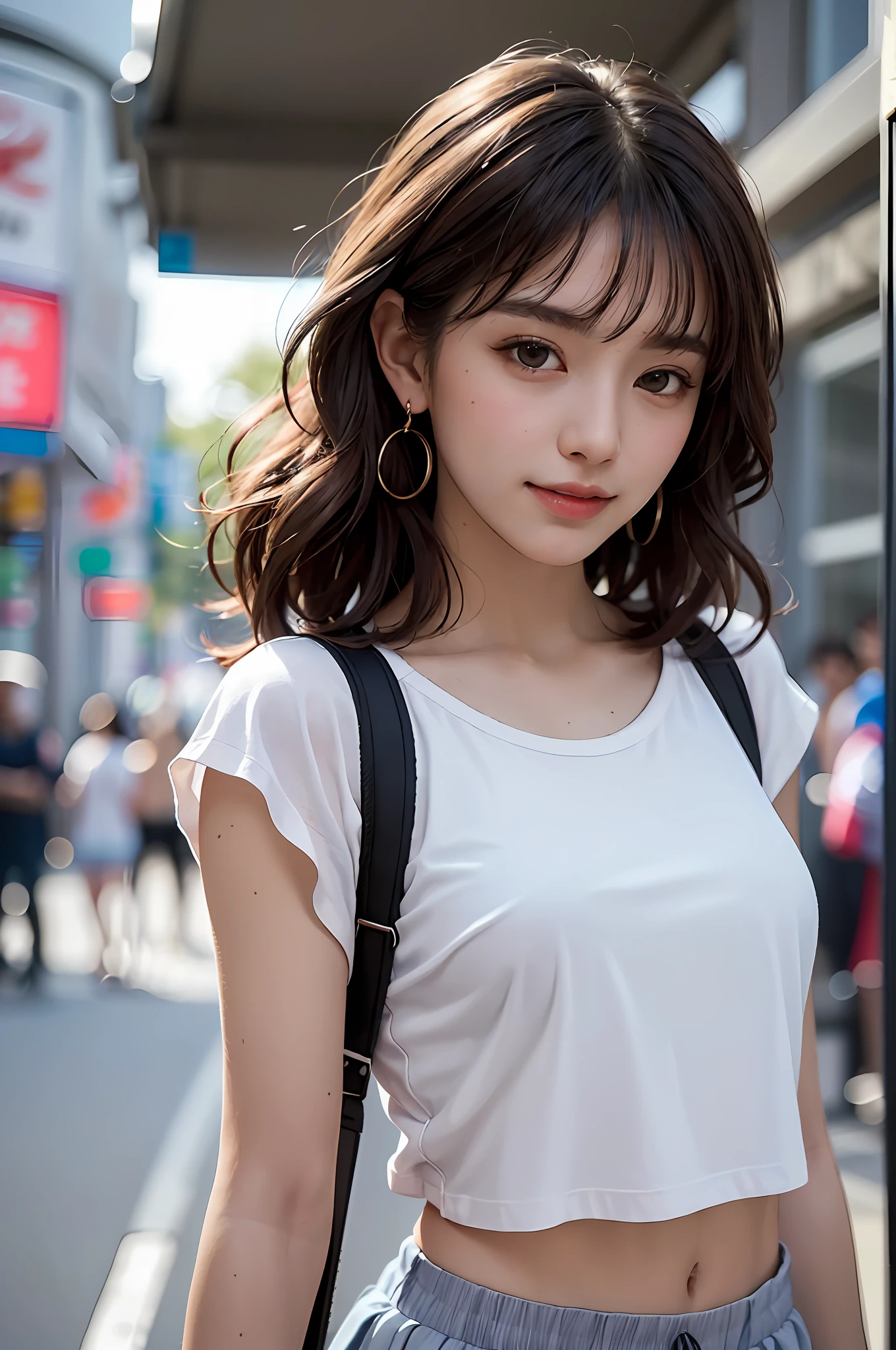 (8k, RAW photos, top quality, masterpiece: 1.2), ultra detailed, super resolution, (real, real photos: 1.37), portraits, high definition RAW color photos, professional photos, very detailed and beautiful, highly detailed, 8k wallpapers, amazing details, huge file size, official art, highly detailed CG Unity 8k wallpapers, highly detailed beautiful girls, highly detailed facesHighly detailed eyes, highly detailed skin, highly detailed fingers, Highly detailed nose, Highly detailed detailed mouth, Perfect anatomy, Highly detailed background, Highly detailed clothing, One Girl, (18:1.2), , cute girl, famous Japan idol, cute, realistic body, petite, white skin, radiant skin, slim body, handsome body, brown hair, short constricted curly hair, (blunt bangs:1.2), smile, cute, youthful, cute face, realistic face, delicate eyes, sagging eyes, white t-shirt, skirt, earrings, camera gaze, cowboy shot, front facing, standing, contrapost, high street, public, dynamic lighting, indoor