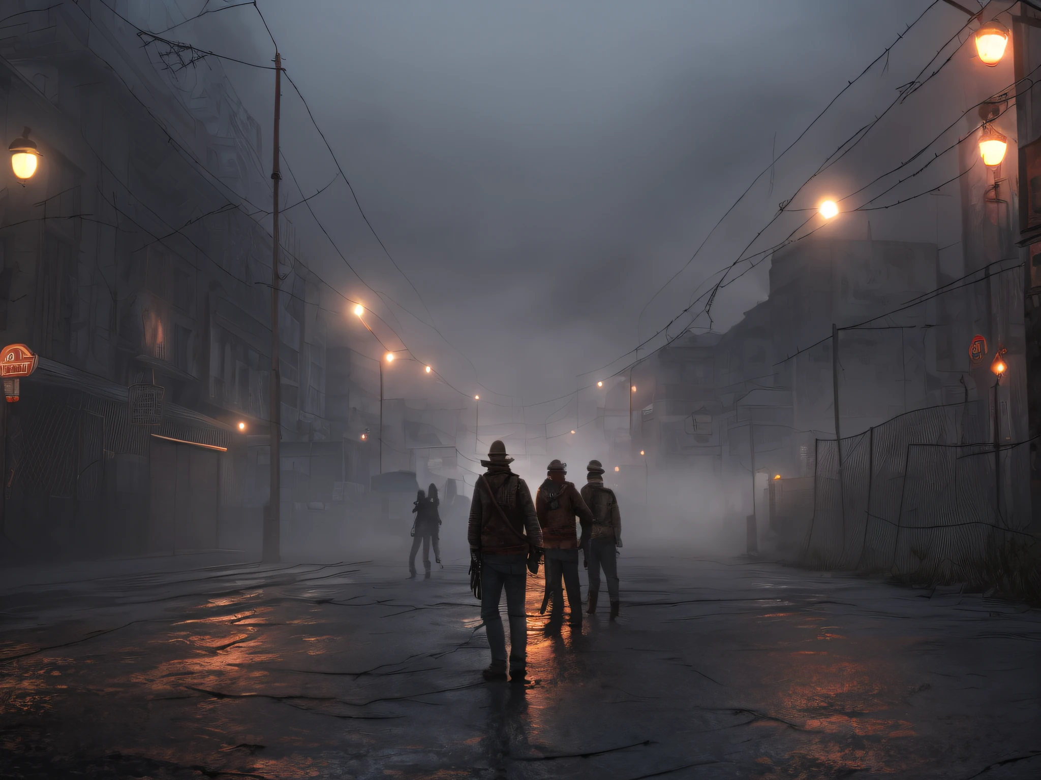 Moscow in the style of Silent Hill, On the street there are barriers made of boards and barbed wire, zombie, high detial, daytime, Overcast, Heavy fog, A lot of rust