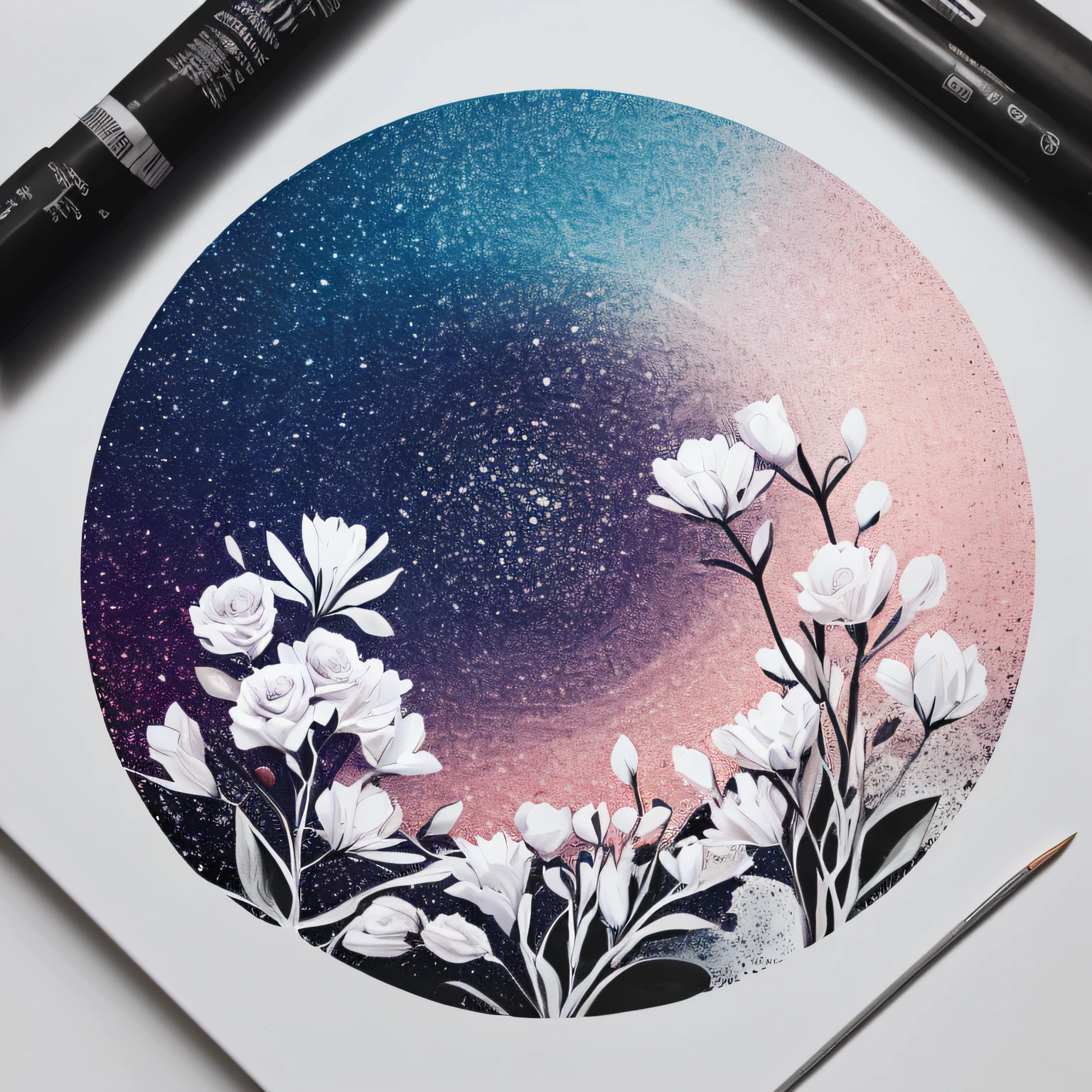 Estampa para camiseta --- obra de arte --- vetor -- Rosa de diamante -- fundo branco dentro de um circulo com paisagens minimalista ao fundo -- arte-- maximo detalhes -- FULL HD-- hiper realista --auto
