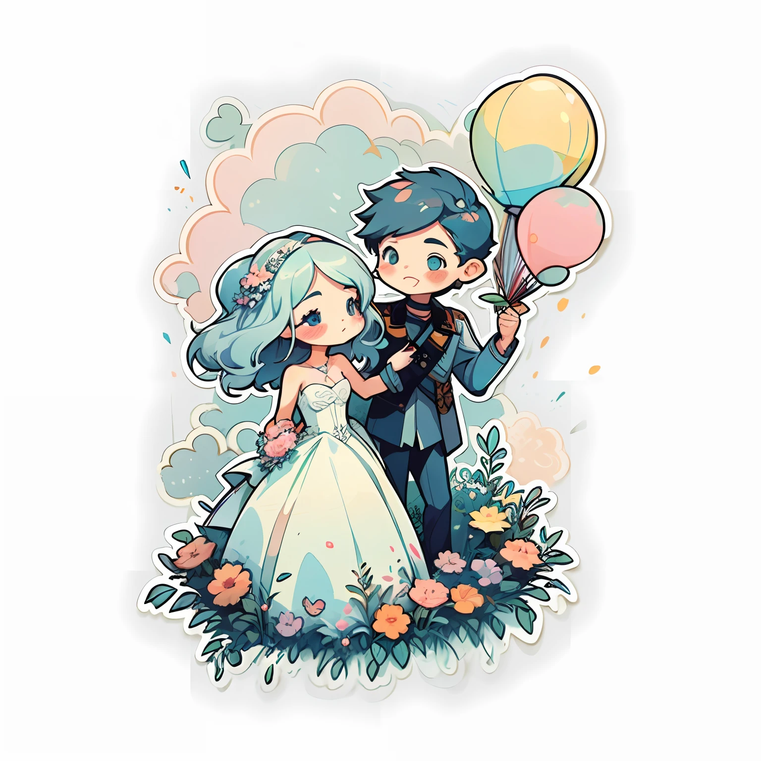 1 sticker, handbook, (sticker, 1 boy and 1 girl, wedding dress, bouquet, salute, fireworks), watercolor, white background, simple background, minimal, cute, tiny, pastel color, vector style, no gradient