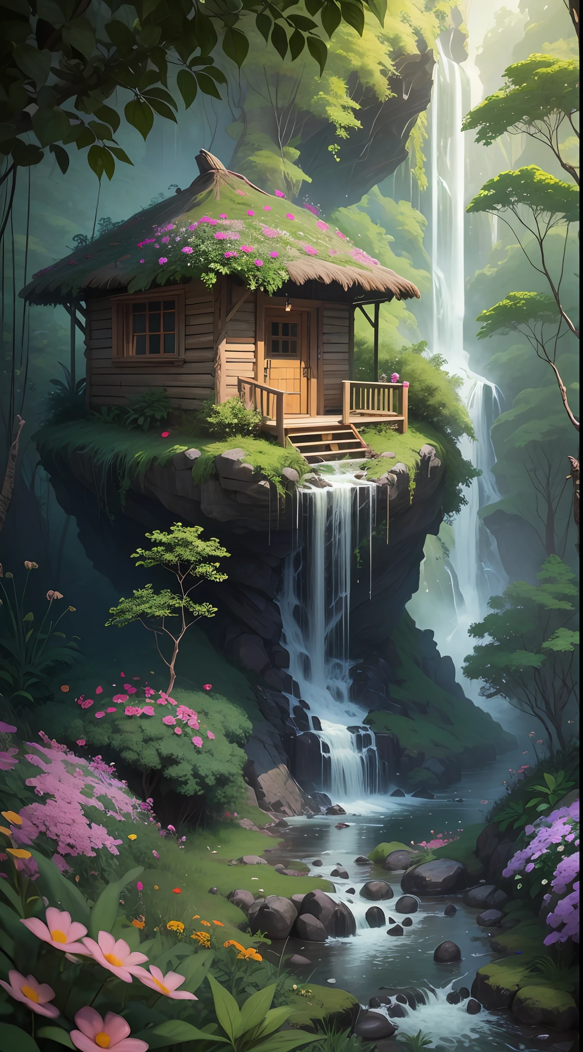 jungle, waterfall, surrounded with wild flowers. a tiny hut with a person standing on its porch, viewed from afar. masterpiece, best quality, high detailed