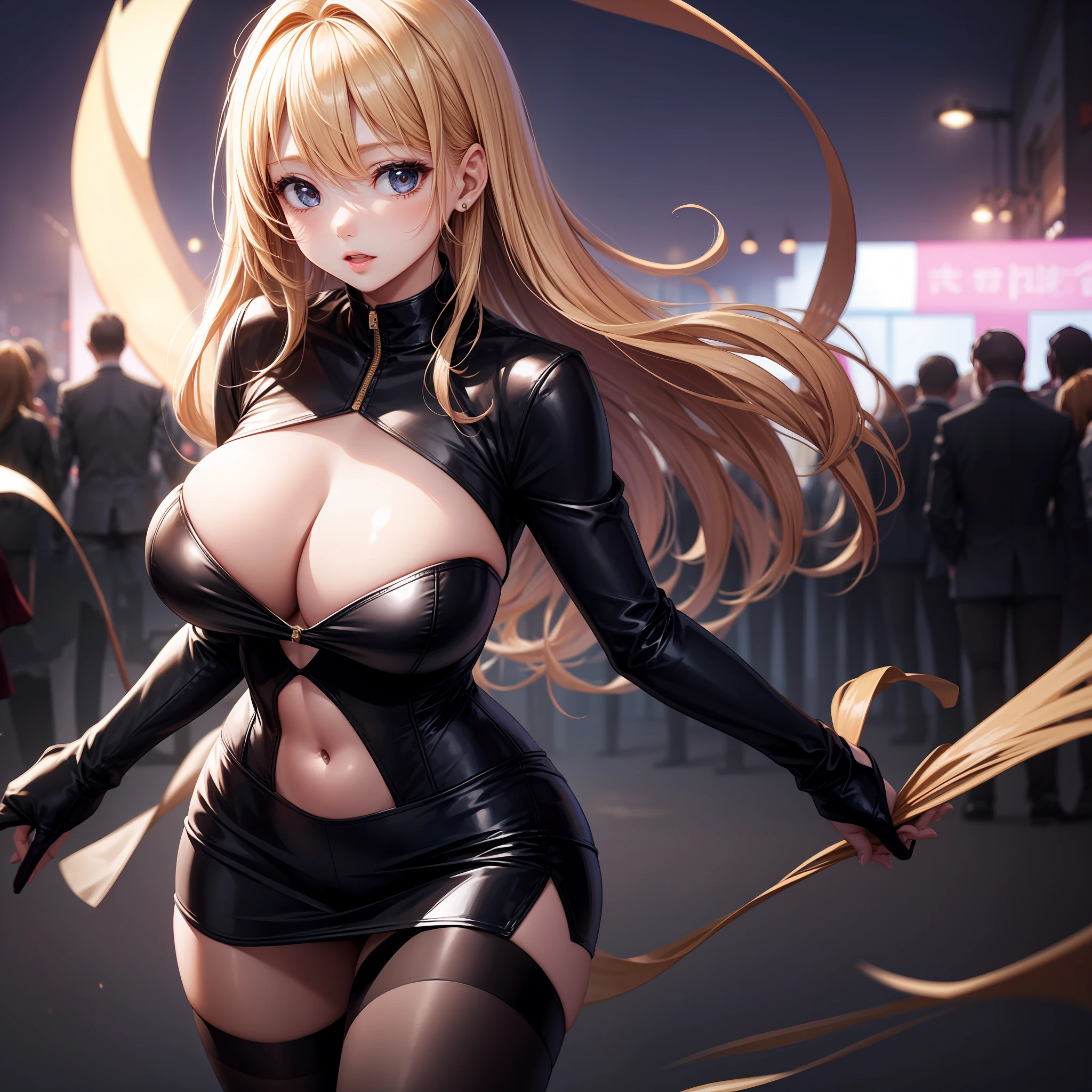 Top Quality、One girl、a blond、Black clothing made of leather、Red tights、miniskirts、Giant tits、Navel、beauty legs、Constriction、Open chest、night、jiji、Background blur