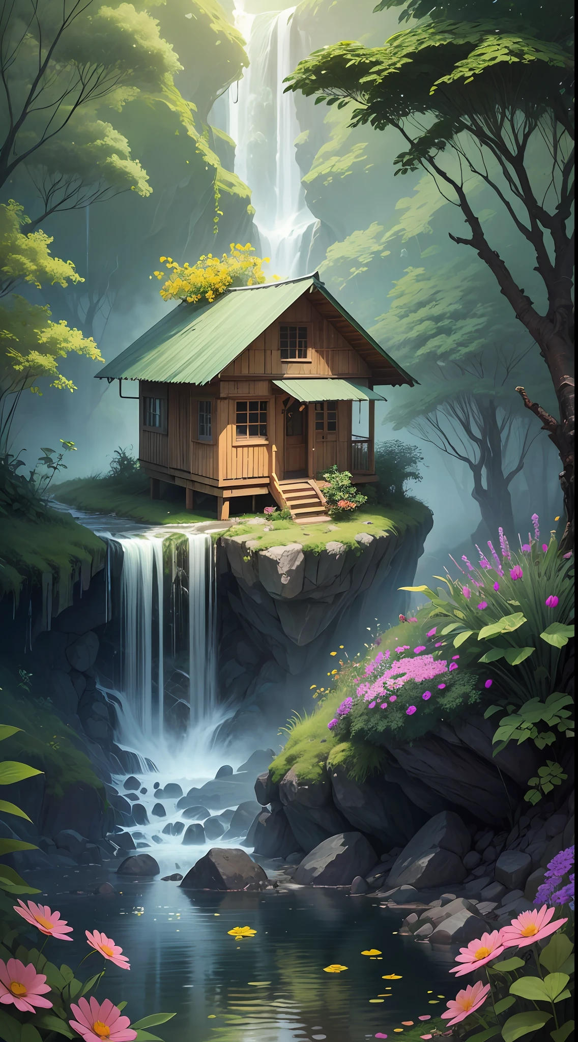 jungle, waterfall, surrounded with wild flowers. a tiny hut with a person standing on its porch, viewed from afar. masterpiece, best quality, high detailed