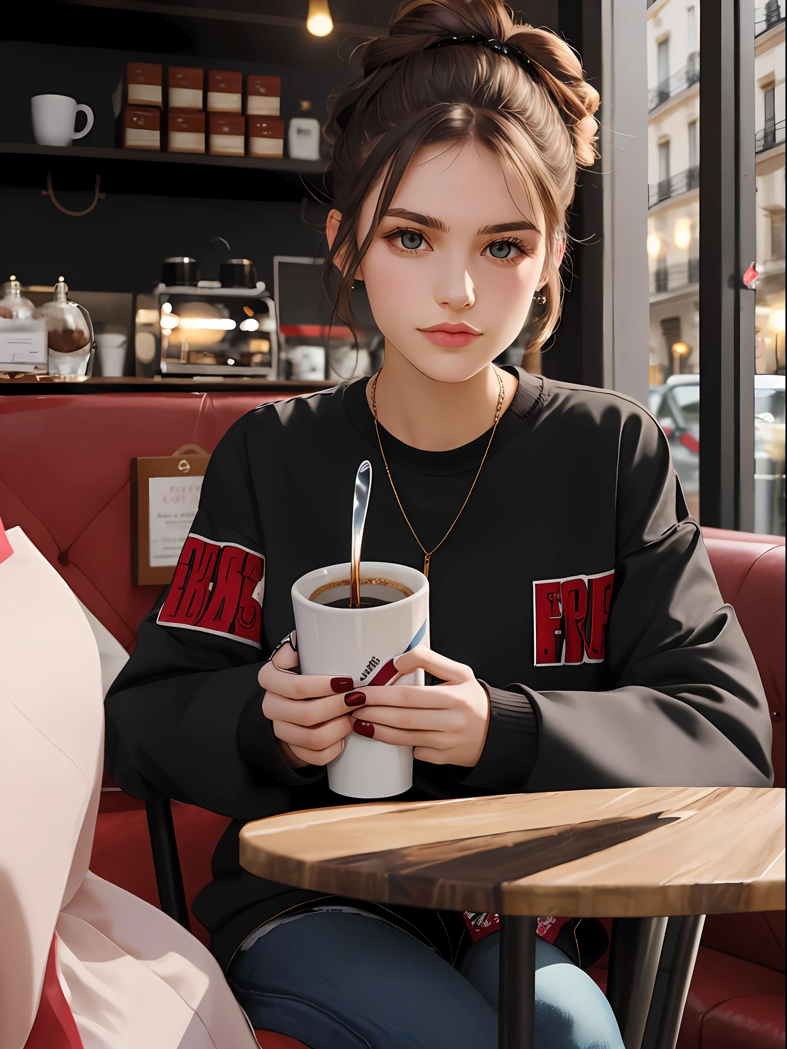 there is a woman sitting at a table with a cup of coffee, young adorable, gorgeous french woman, mysterious coffee shop girl, french girl, beautiful young french woman, french women's fashion model, taken with canon eos 5 d mark iv, cute french actress, she is wearing streetwear