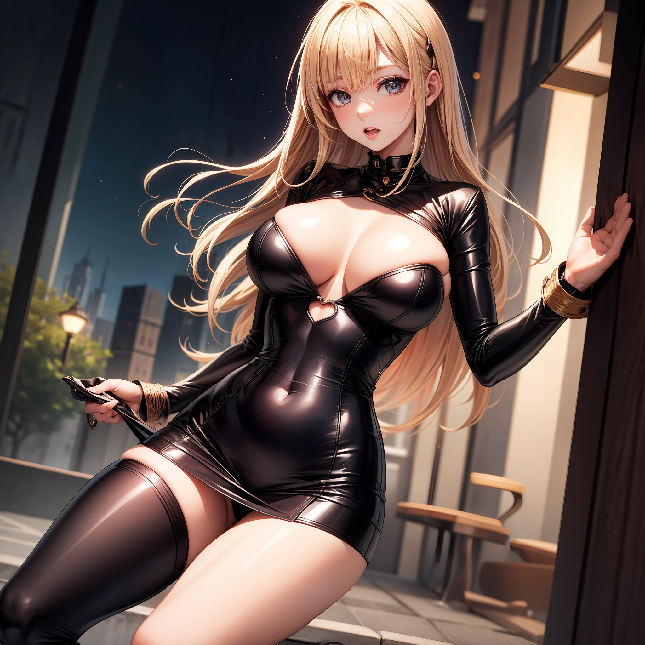 Top  Quality、One girl、a blond、Black clothing made of leather、Red tights、miniskirts、Giant tits、Navel、beauty legs、Constriction、Open chest、night、jiji、Background blur