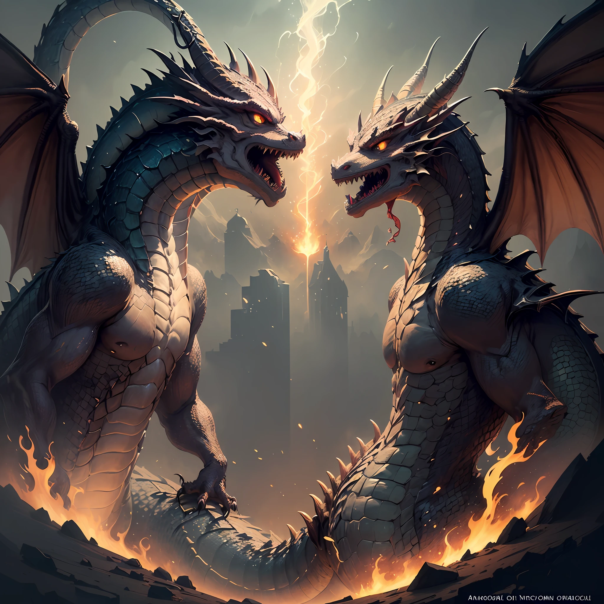 ((anthropomorphic dragon :1.5), (fantasy illustration :1.2), (best quality), (high-resolution), (vivid color)), close-up, (intense gaze), (dynamic pose), (sharp claw), (golden wings), (flaming breath), (dark environment :0.7), (mysterious atmosphere :1.2)