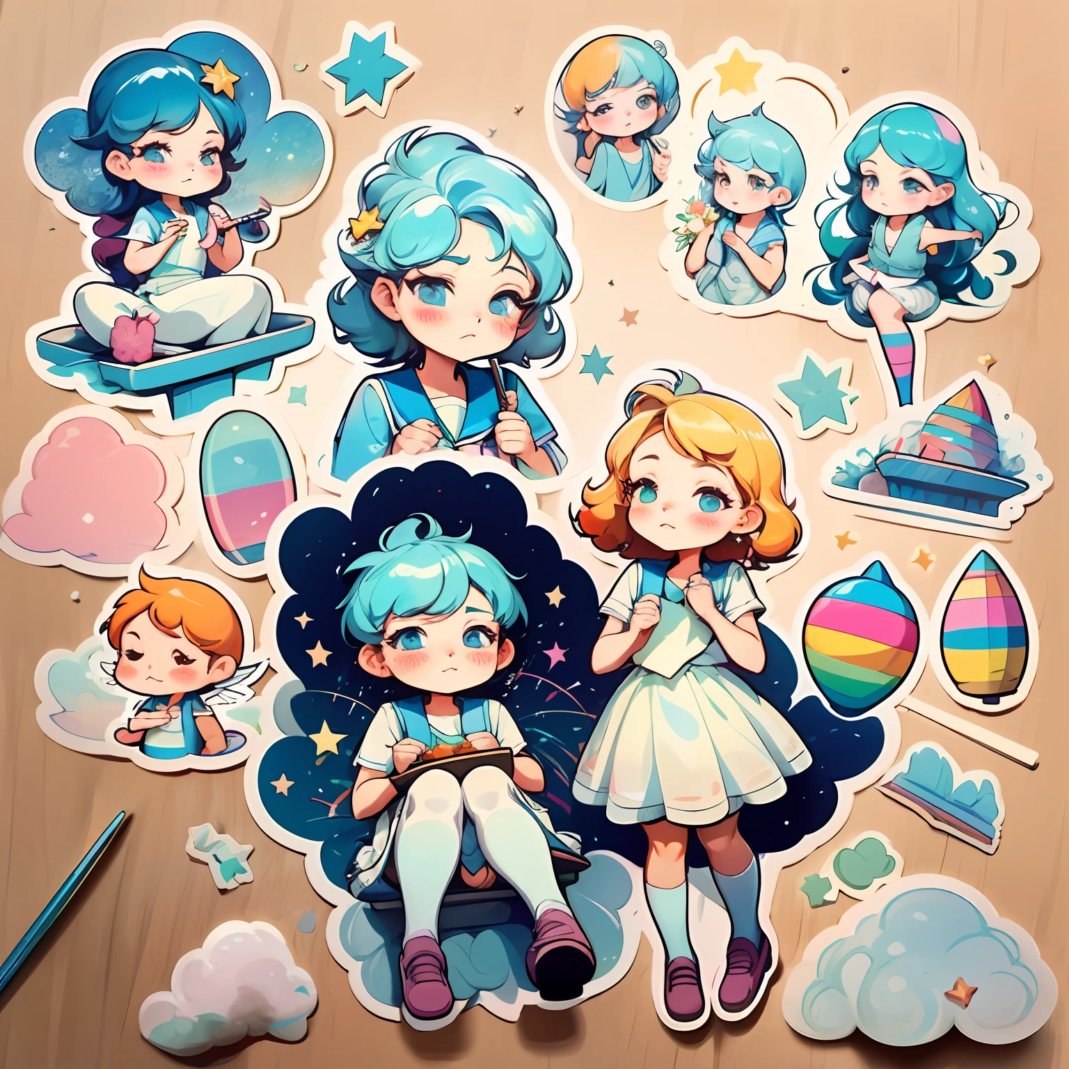 1 sticker，Handbook，（sticker sheet，1boy and 1girl，weddingdress，vests，See-through installation，Maid outfit，JK school uniform，sailor suits，ta style，A barefoot，roller skates，Ruffled socks，Wet pantyhose，Lace wreath on the legs，garter belts，Cross legs，Stand，[Boo gesture]，Put your hand to your mouth，dynamic angle，Facing the viewer，Lifting skirt，Adjust over-the-knee socks，stooping，Holding a mug，Hold the cheeks，Pinch your hair，autumnal，skies，As estrelas，meteor shower，rainbowing，falls，rice paddies，cliffs，flowerfield，playground，water fountain，Temple，exploding，Magic ring，colored glass，steamy，Star Angel，Starry Sky Law，masterece-piece，high detailes，Medium shot，exquisite facial features，Perfect face，Glowing skin
Wait to start Bouquet in hand，Salute，sparklers，balloons，Champagne）， water colour，white backdrop， simple background， smallest， Cutes， Small， color pastel， Vector styles， no gradient