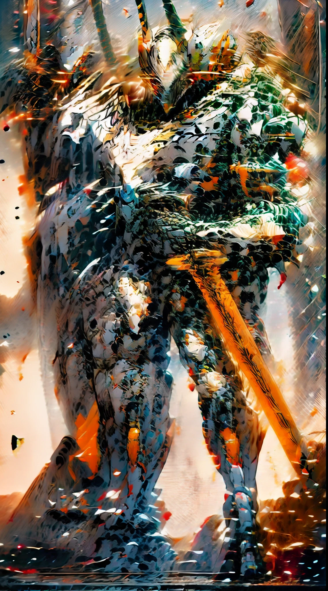 A concept art of full body Armoured Warrior HUMANOID White ROBOT PREDATOR, Holding Katana, Matt materialistic look, ROBOPUNK, Illustration,3d Anime, trending on Artstation, Symmetry, Special effects, Abstract, Clean linework, Highly detailed, HDR, UHD, cinematic, 8K, Surreal, Unreal Engine, art by samdoesart