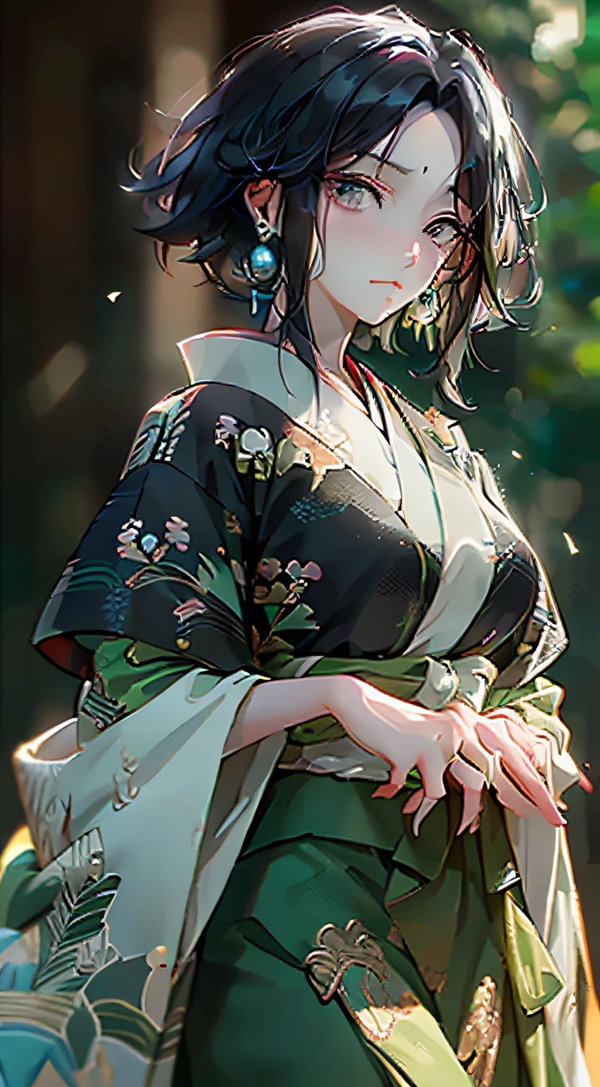 A black short haired woman wearing pearl earrings, green skirt, blue projection, melancholic and mysterious emotions, front view, facial close - up, symmetrical face, Eastern minimalist style, beautiful lines, peaceful face, solid and clean background, Japanese painter Ichiro Oda, best details, --ar 3:4 --s 400 --niji 5