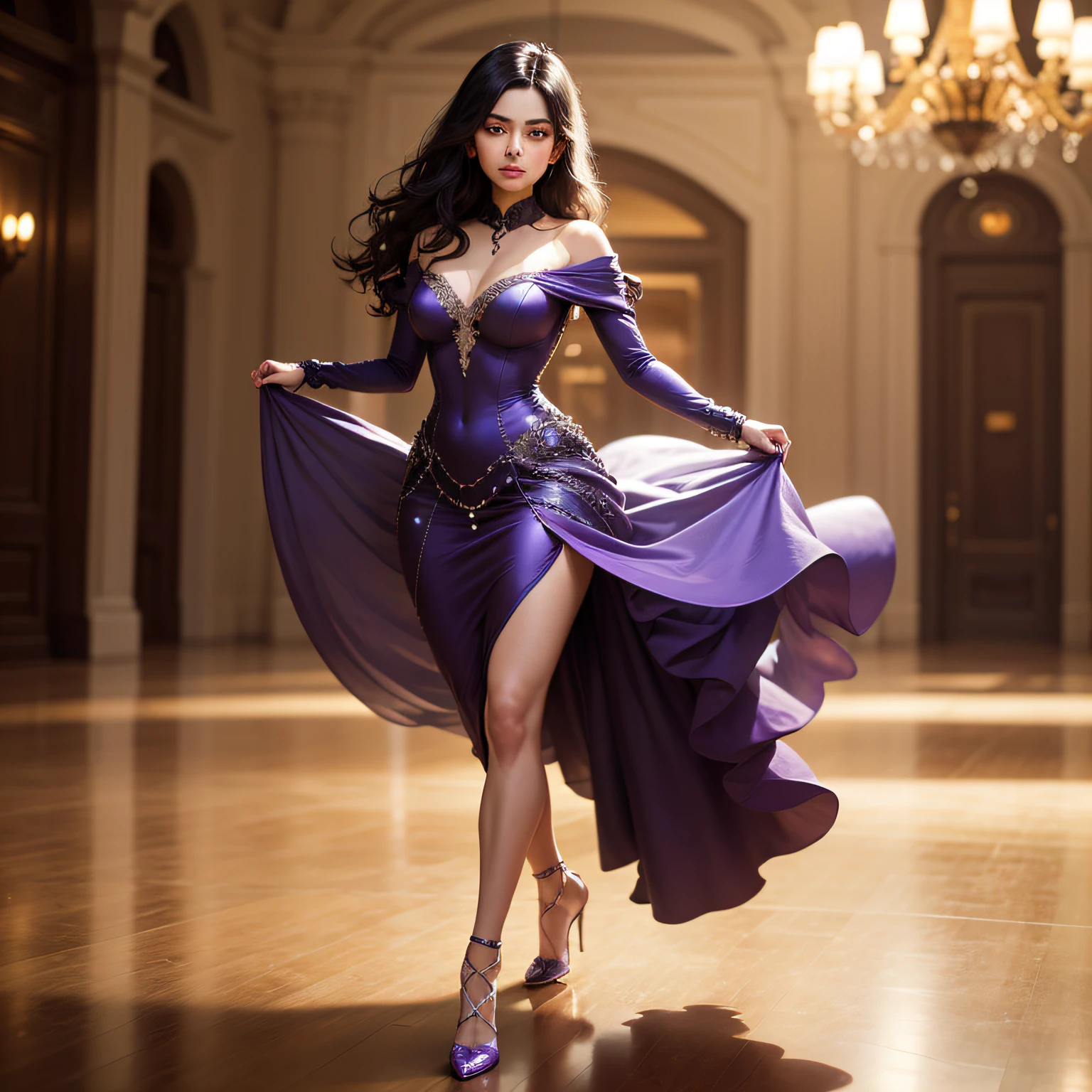 The sexy black-haired woman walks slowly through the ballroom, her dress in shades of lilac and gooseberry moving gracefully around her. Every move is calculated and precise, her delicate feet treading on the ground gently. His face is well detailed, com um queixo elegante e olhos penetrantes --auto