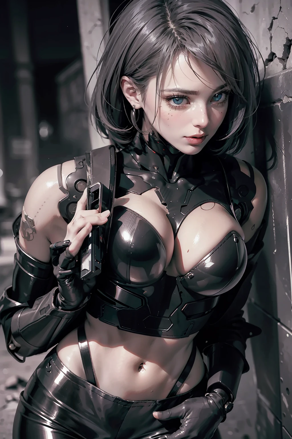 (RAW photo, best quality, masterpiece: 1.2), (realistic, photorealistic: 1.4), (masterpiece: 1.4), (best quality: 1.4), (super detailed), ((high contrast)), (high saturation), (beautiful detail eyes), ((very delicate and beautiful)), (lovely hands, perfect hands), (crumbled buildings in the background, destroyed walls), one girl, cute face, gray hair, bangs, asymmetrical bangsbeautiful, detailed glass hair, blush, bodysuit, black gloves, sexy pose, clothes writing, navel, outdoor, hair intake, impossible bodysuit, impossible clothes, latex, shortcut, bob hair, long sleeves, watch viewer, black leather bikini, high leg, cybersuit, green eyes, ((so shiny clothes)), tight skin, cleavage, belly, thigh gap, thighs, ((very shiny skin)), real, Cybernetic_Jawless, mechanical parts, cybernetic, urbansamurai_v0.3, AB_robot, robot, mechaware, tattoo, ((holding nothing in hand)), (twisting body and turning around)