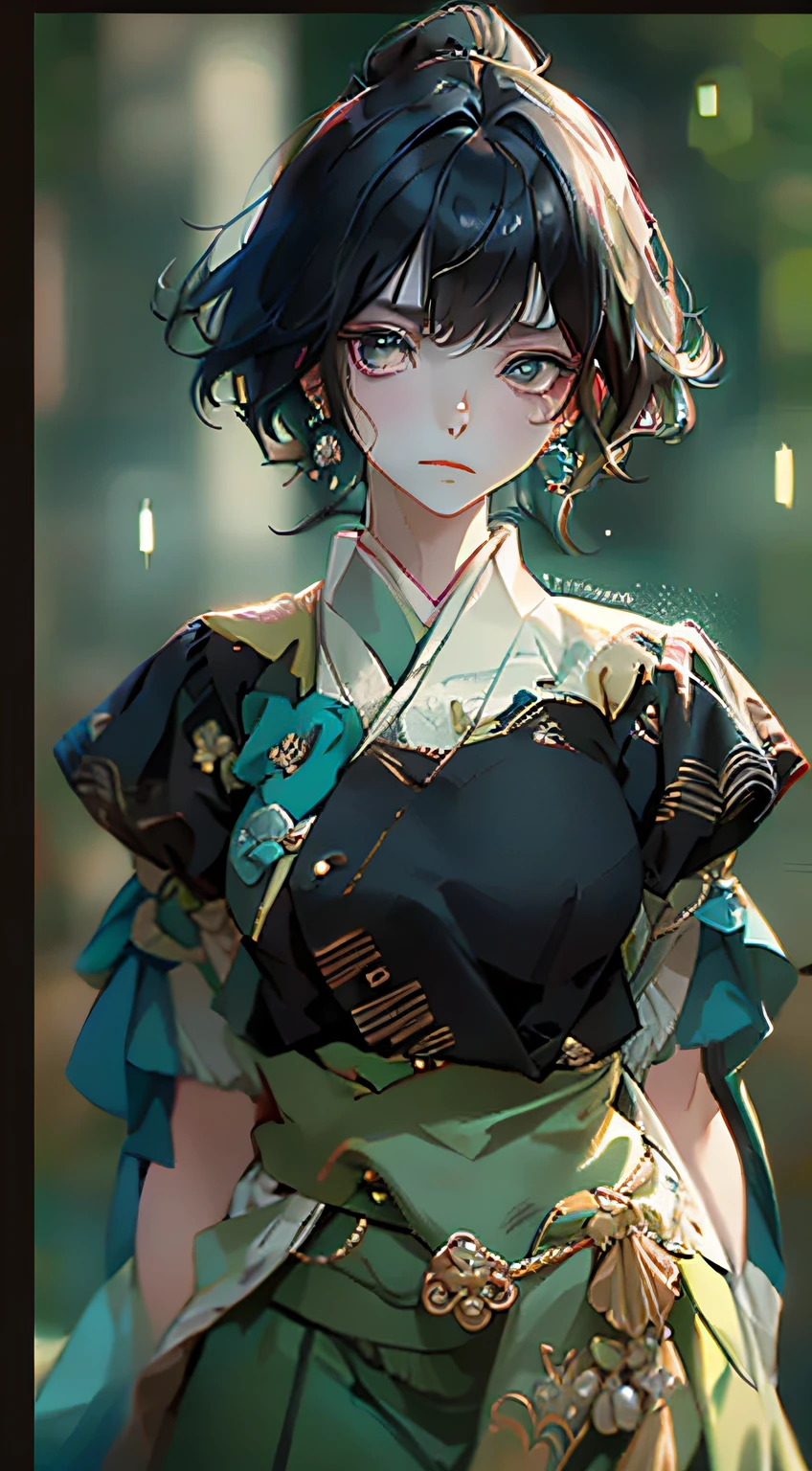 A black short haired woman wearing pearl earrings, green skirt, blue projection, melancholic and mysterious emotions, front view, facial close - up, symmetrical face, Eastern minimalist style, beautiful lines, peaceful face, solid and clean background, Japanese painter Ichiro Oda, best details, --ar 3:4 --s 400 --niji 5