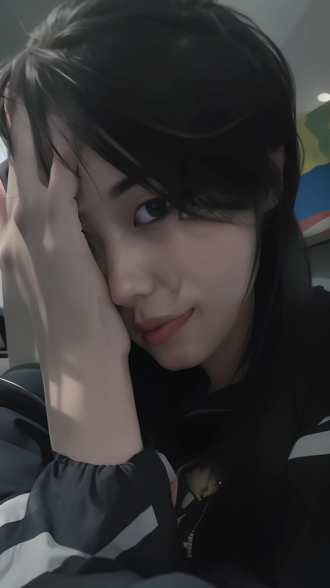 there is a woman that is sitting down with her hand on her head, profile picture 1024px, halfbody headshot, with short hair, with black hair, hand on his cheek, xintong chen, hand on cheek, 2 4 , sui ishida with black hair, androgynous face, kentaro, very very low quality picture