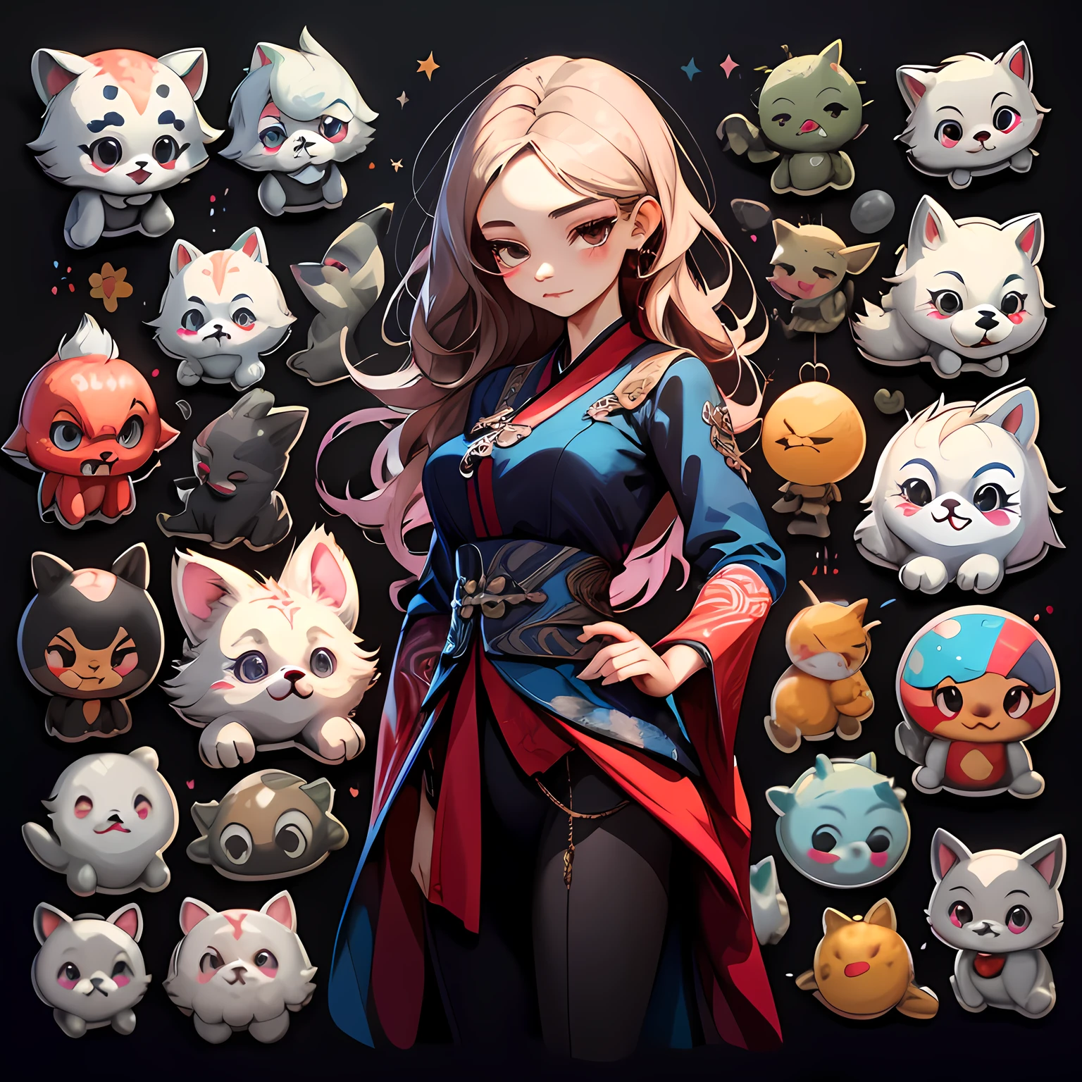 8个美丽的女孩,Character clothing set,Gorgeous costume design for different styles,Detailed realistic professional art masterpiece sticker set,with a black background