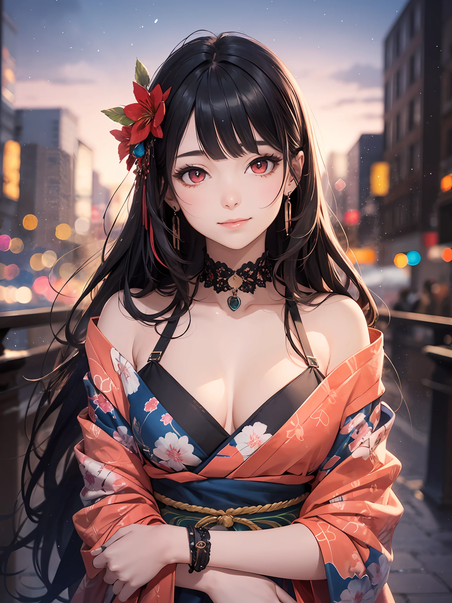 extremely detailed body,girl,woman,female,mature,30 years old,long hair,bangs,streaked hair,black hair,shiny hair,beautiful detailed cold face,cold smile,bright pupils,bare_shoulders,medium_breasts,(red eyes),hair_flower, kimono,Lots of piercings, night, beautiful detailed sky, cold light, bokeh,Watercolor Techniques