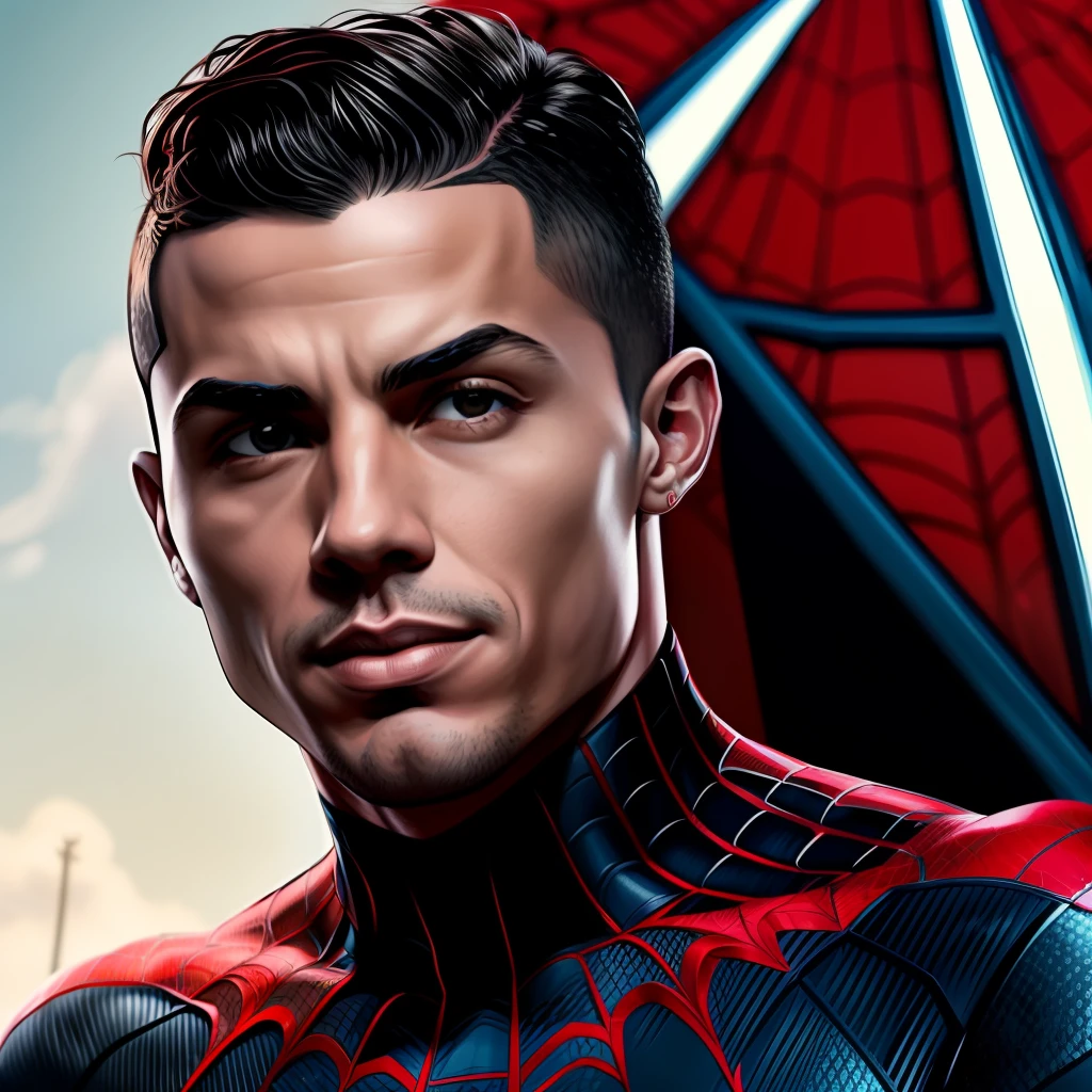Retrato de cristiano Ronaldo como spider man traje preto igual do filme miles morales aranha verse