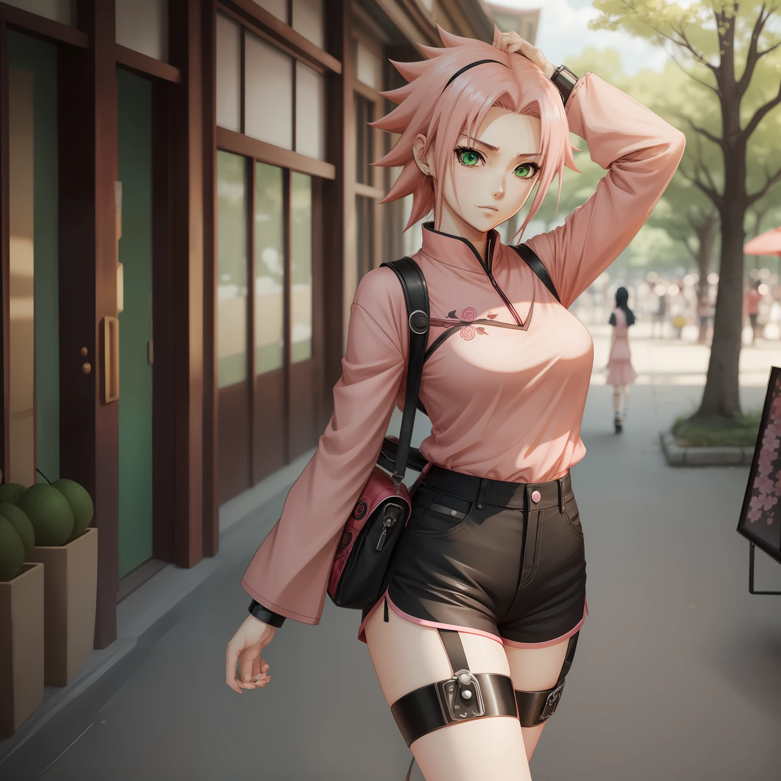 。Naruto style quadratic,A slender and slender woman,Cherry blossom pink color hair,large green eyes,Forehead braces on the top,Red cheongsam black shorts,The wrists and ankles have black braces, --auto