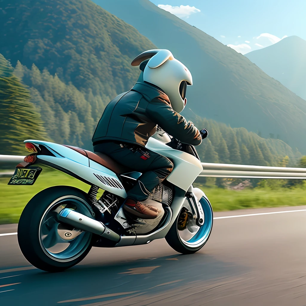 Super HD CG,The picture is clear and rich,There is a cute little white rabbit riding a replica race motorcycle,Gallop on the highway,The scenery is amazing,blue sky with white clouds,Mountains,It's very pleasant。