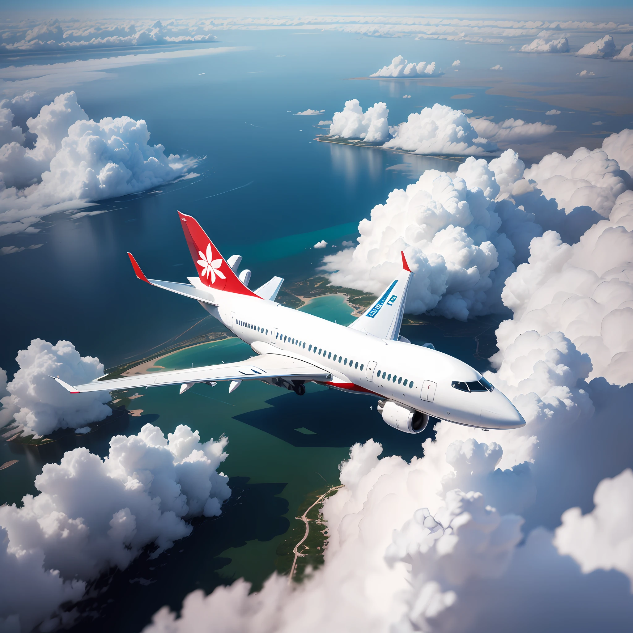 A sea of white clouds,A small airliner, --auto