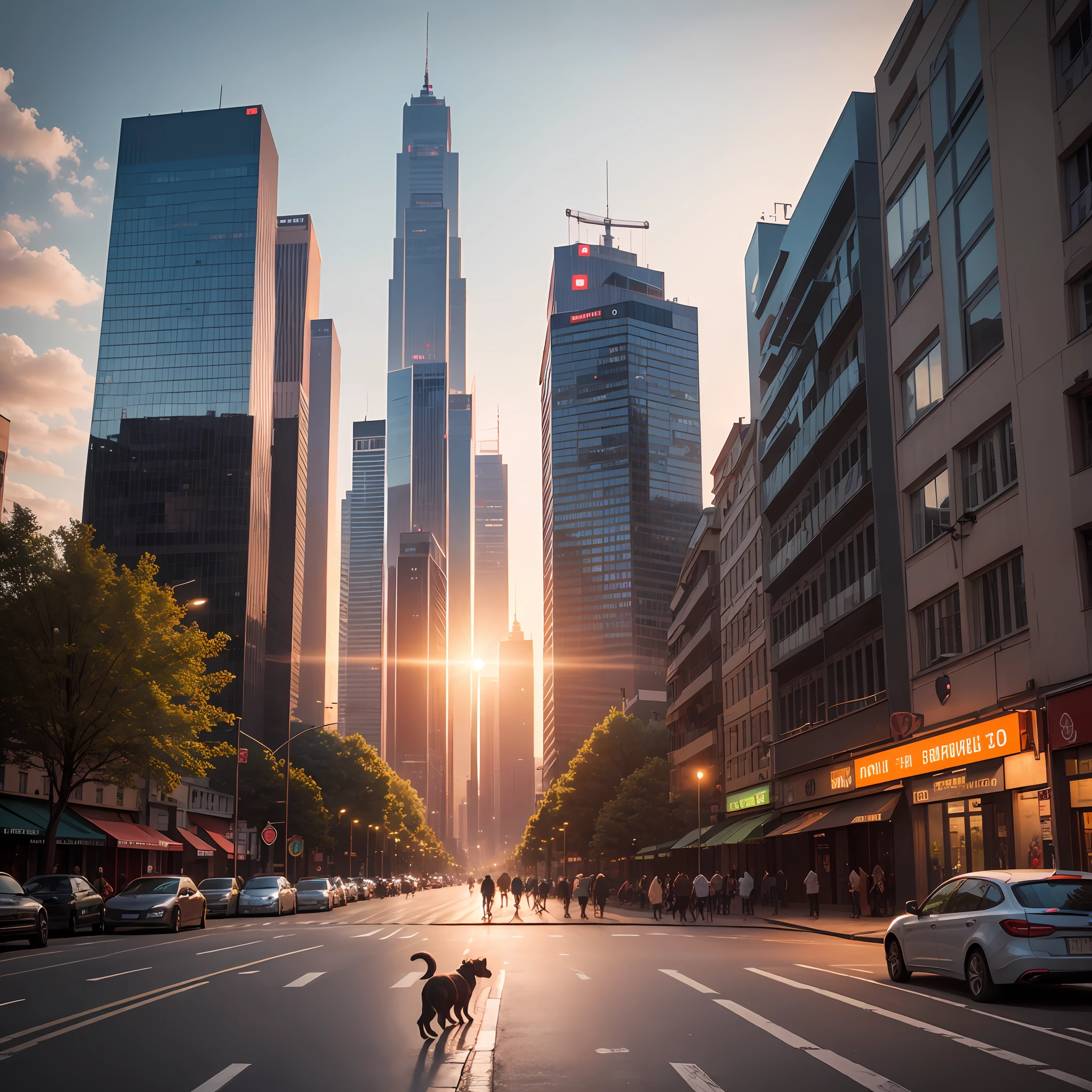 Poland warsaw skyscraper, high buildings, life in the near future, high technology, and red town hall with a clock night lights, street view, next to a park, people and cars on the road, sunset, dogs on the street, pro, 35 mm, realism, ultra HD result, 4k, very detailed --auto