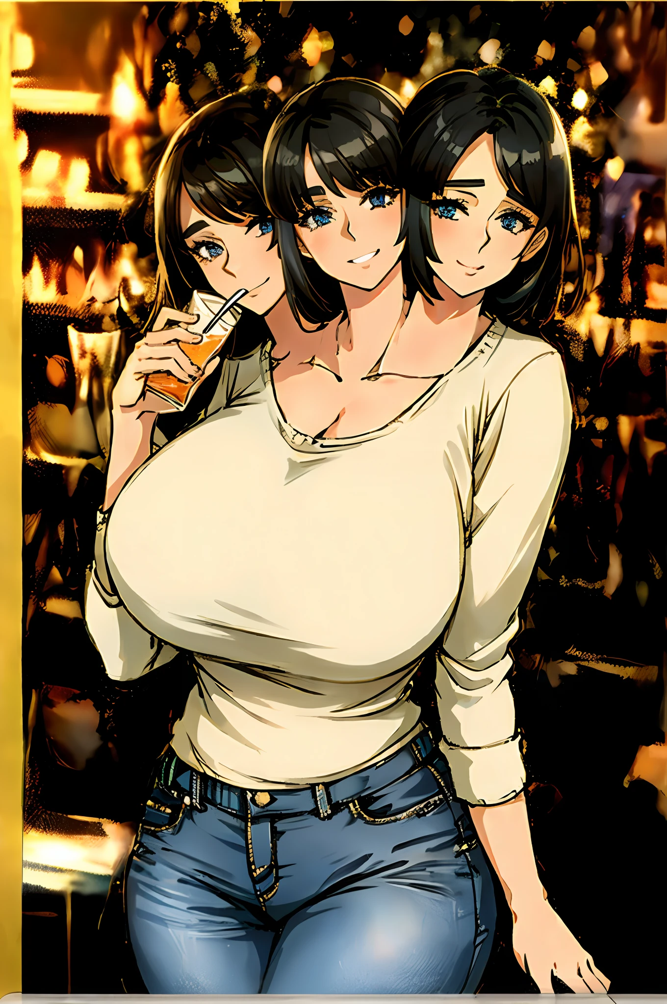 2heads, a beautiful chubby woman with 2 heads. She has huge breasts. She is in a bar. She is visibly drunk. She has giant breasts. She is sipping a drink. She is wearing a sweater and jeans. She has gigantic breasts.