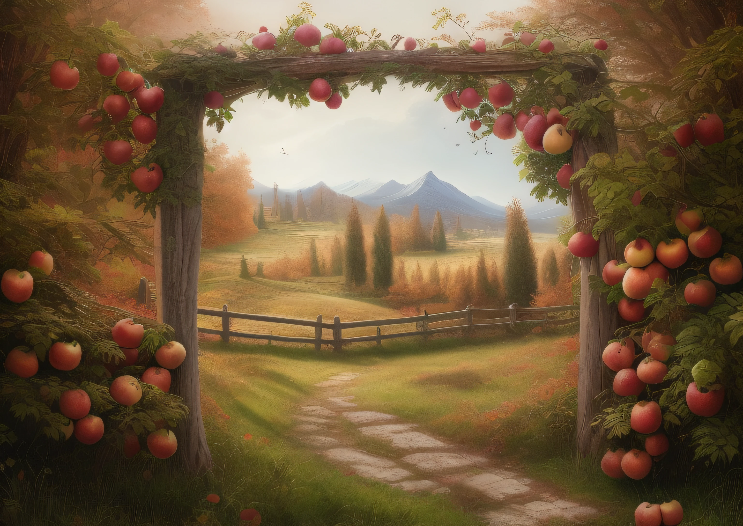 there is a wooden arch with apples growing on it, scenery art detailed, Obras de arte de paisajes, Ilustraciones digitales altamente detalladas, Manzanos, De pie en un huerto de manzanas, Ilustraciones digitales detalladas, inspirado por Anne Nasmyth, Arte digital demasiado detallado, stunning arcanum backdrop, autumn overgrowth, manzano, organic matte painting, idyllic and fruitful land, magic realism matte painting