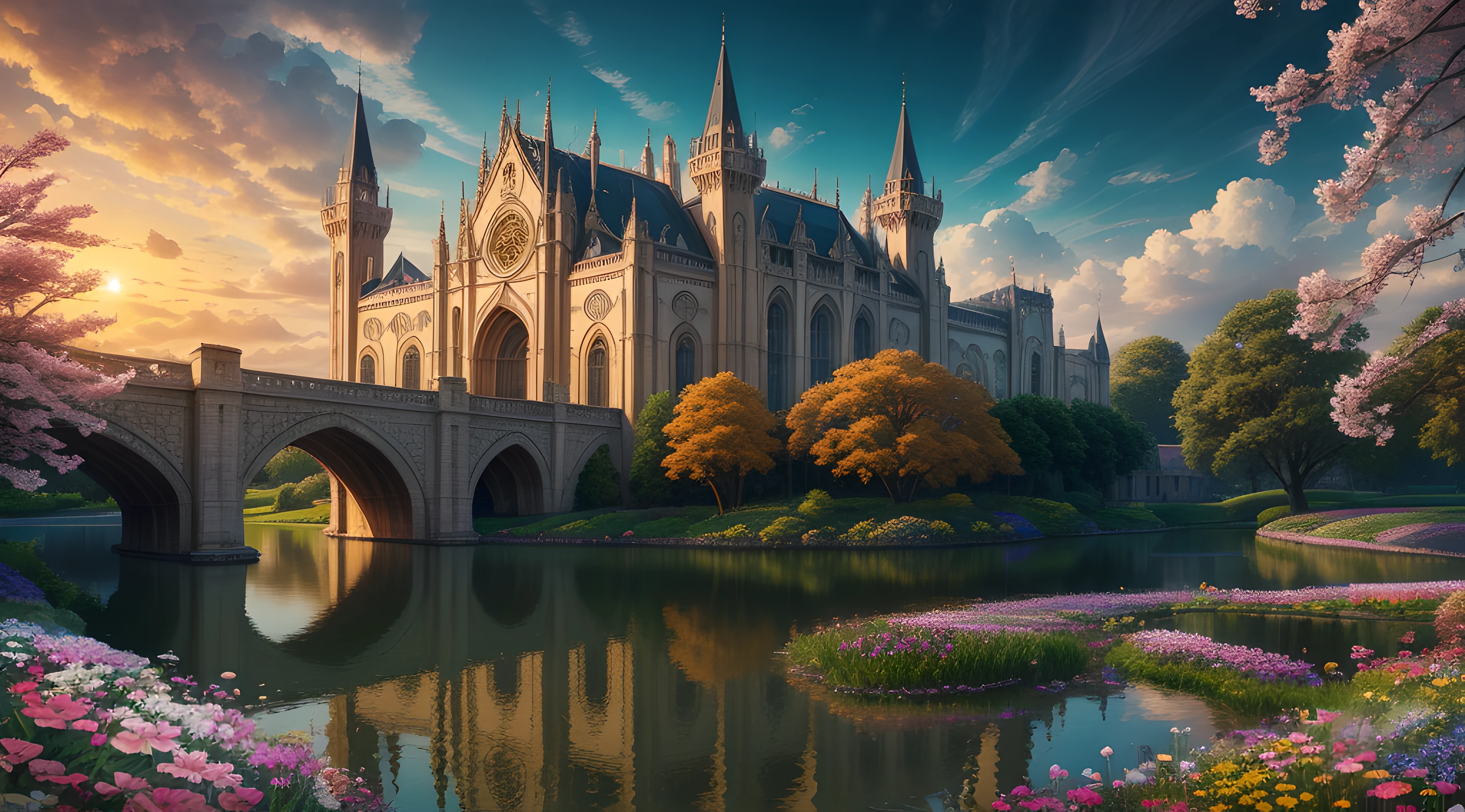 masterpiece, best quality, intricate details, 32k resolution, there is a world with breathtaking architectures and flowers, the land itself is magical its beauty unparalleled