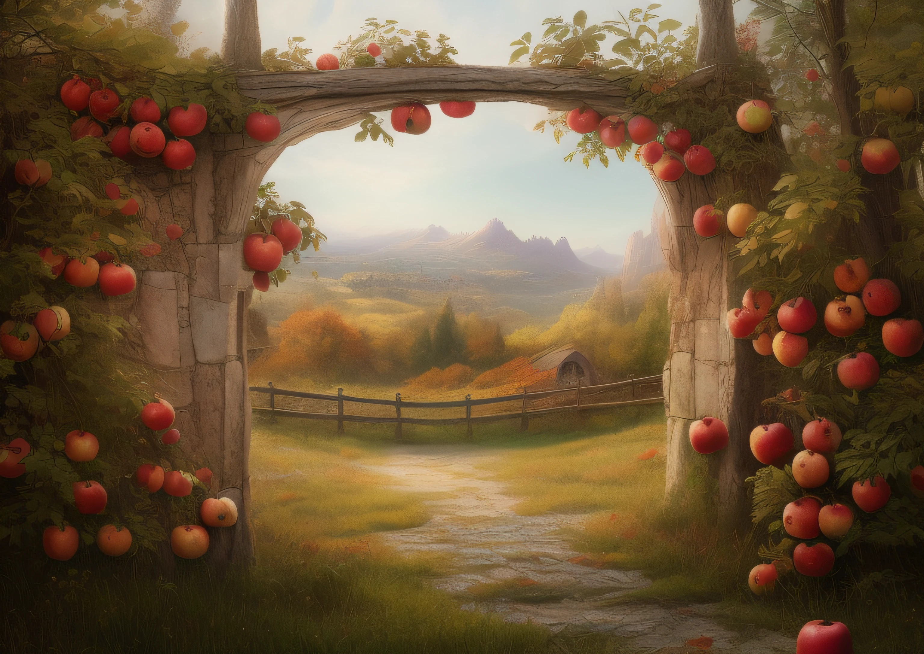 there is a wooden arch with apples growing on it, scenery art detailed, Obras de arte de paisajes, Ilustraciones digitales altamente detalladas, Manzanos, De pie en un huerto de manzanas, Ilustraciones digitales detalladas, inspirado por Anne Nasmyth, Arte digital demasiado detallado, stunning arcanum backdrop, autumn overgrowth, manzano, organic matte painting, idyllic and fruitful land, magic realism matte painting
